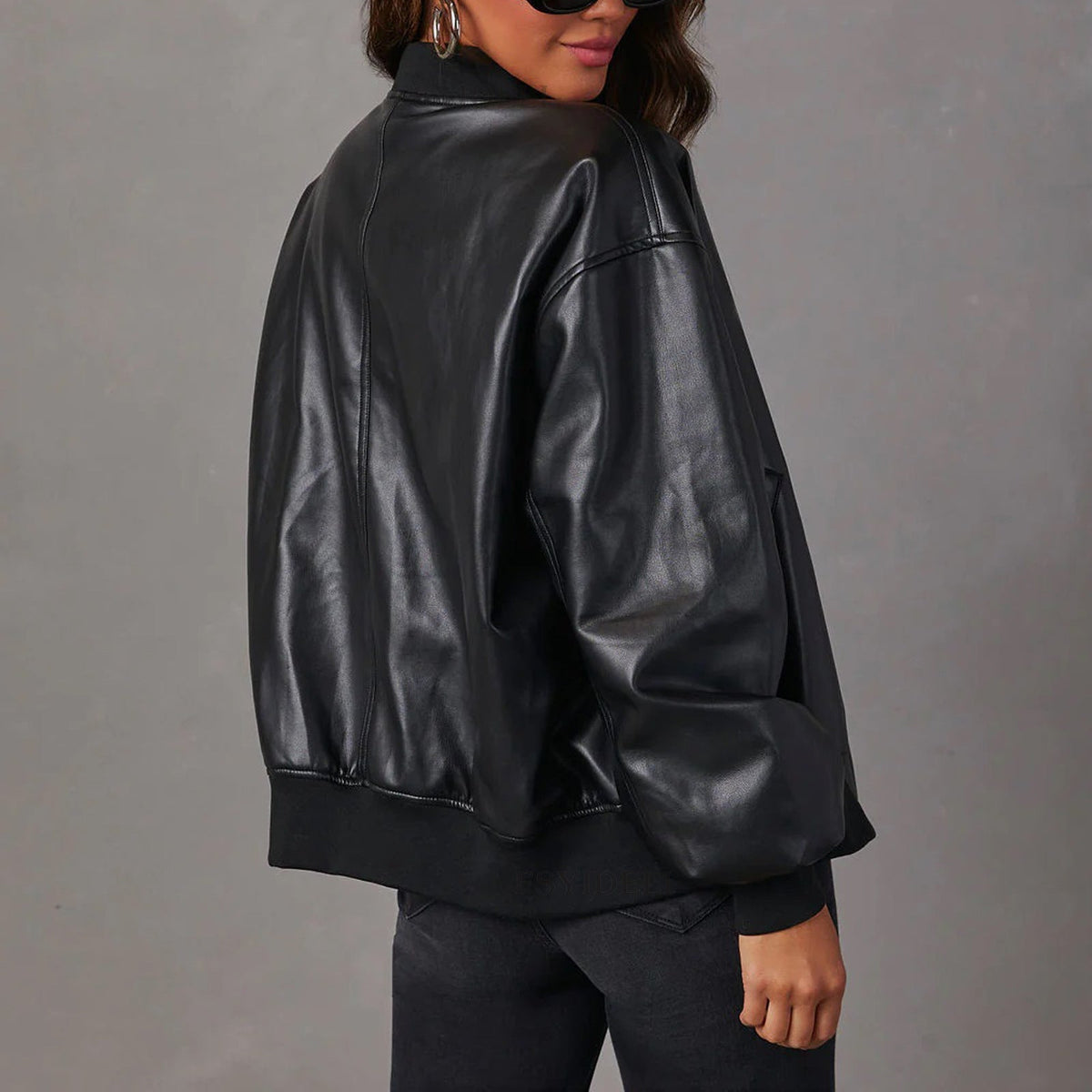 Women's bomber jacket with mock neck, zip front, ribbed trims and front pockets