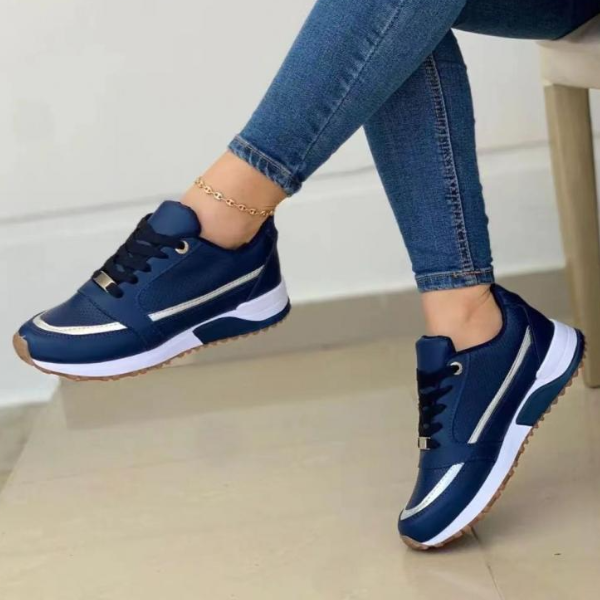 Women's Trainers Lace-Up Platform Gold Trim - Blue