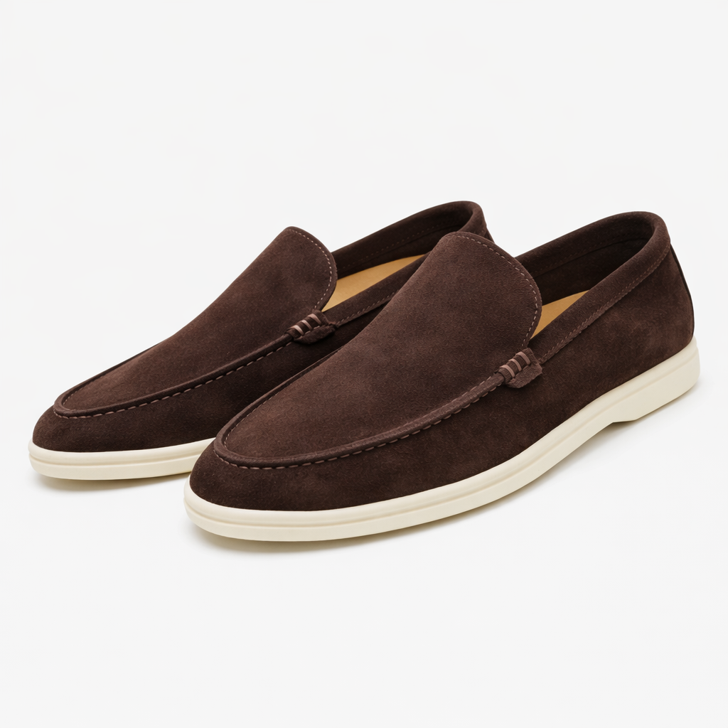 Men's moc toe slip-on loafers with stitched apron detail and low flat soles
