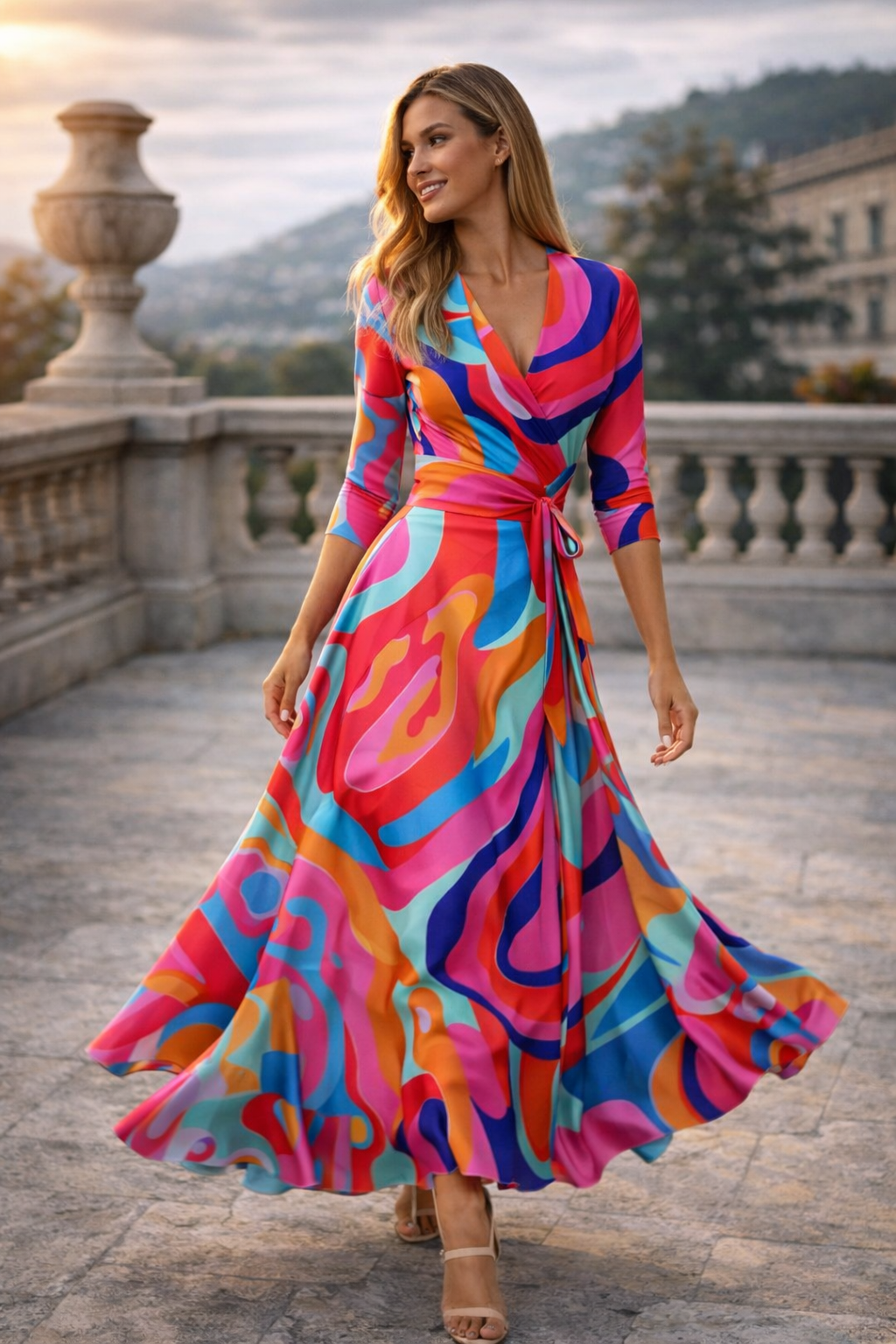Women’s Abstract Wrap Midi Dress | Vibrant Sunset