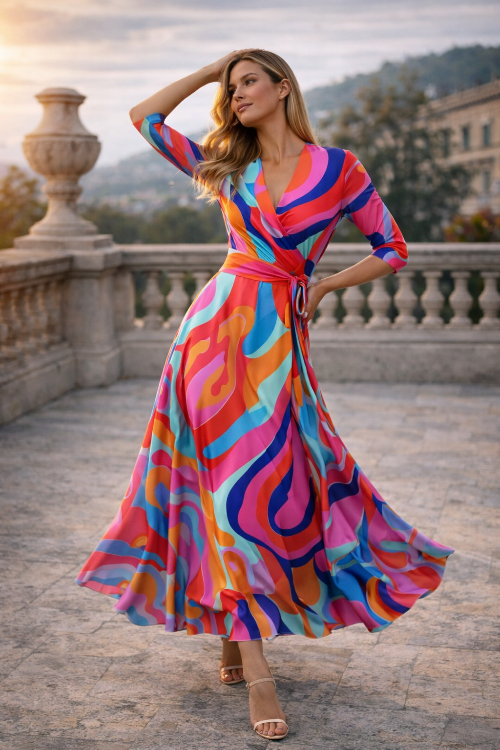 Women’s Abstract Wrap Midi Dress | Vibrant Sunset