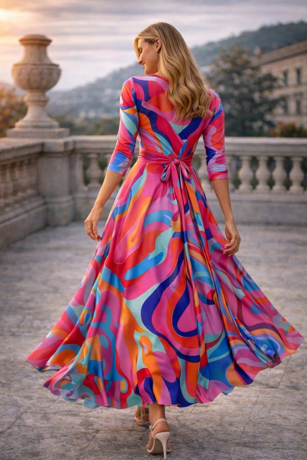 Women’s Abstract Wrap Midi Dress | Vibrant Sunset