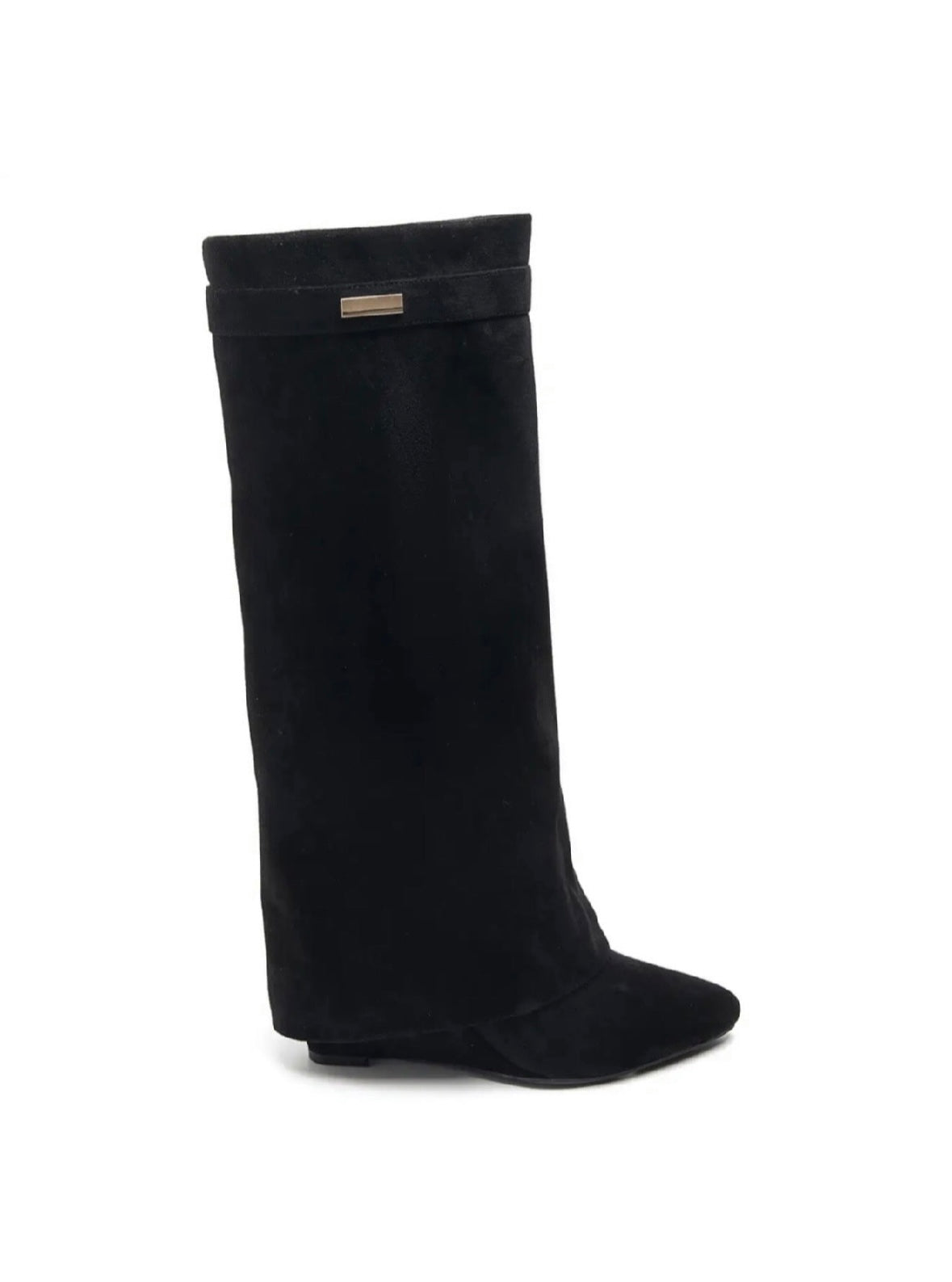 Women's black over-the-knee boots with pointed toes, wedge heels, side zips and metallic trim