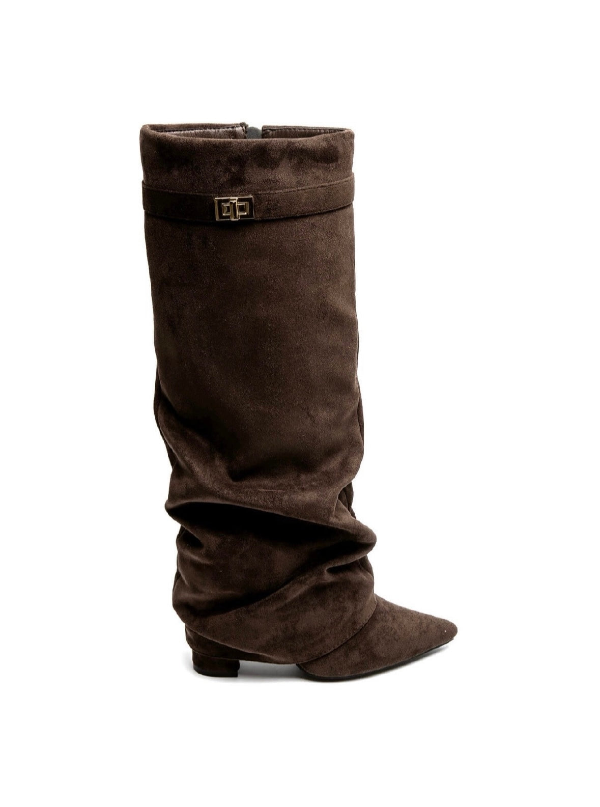 Women's brown slouch knee-high boots with pointed toes, low block heels and buckle detail