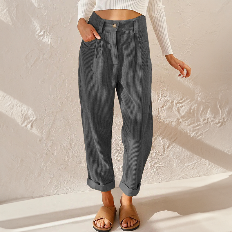 Women's high-rise wide-leg corduroy trousers with belt loops, pockets and cuffed hems