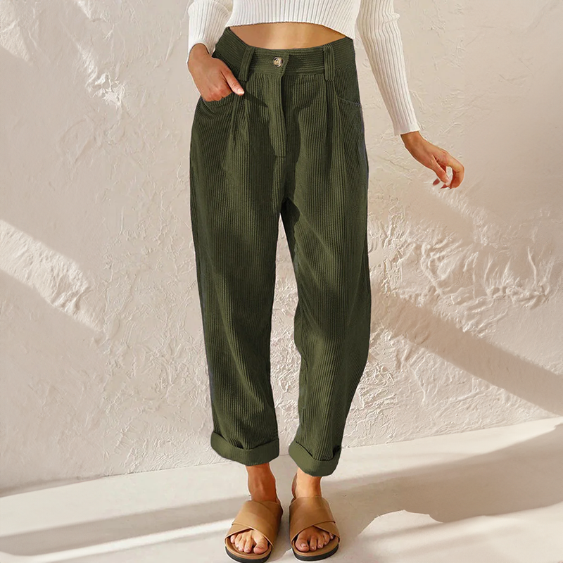 Women's high-rise wide-leg corduroy trousers with belt loops, pockets and cuffed hems