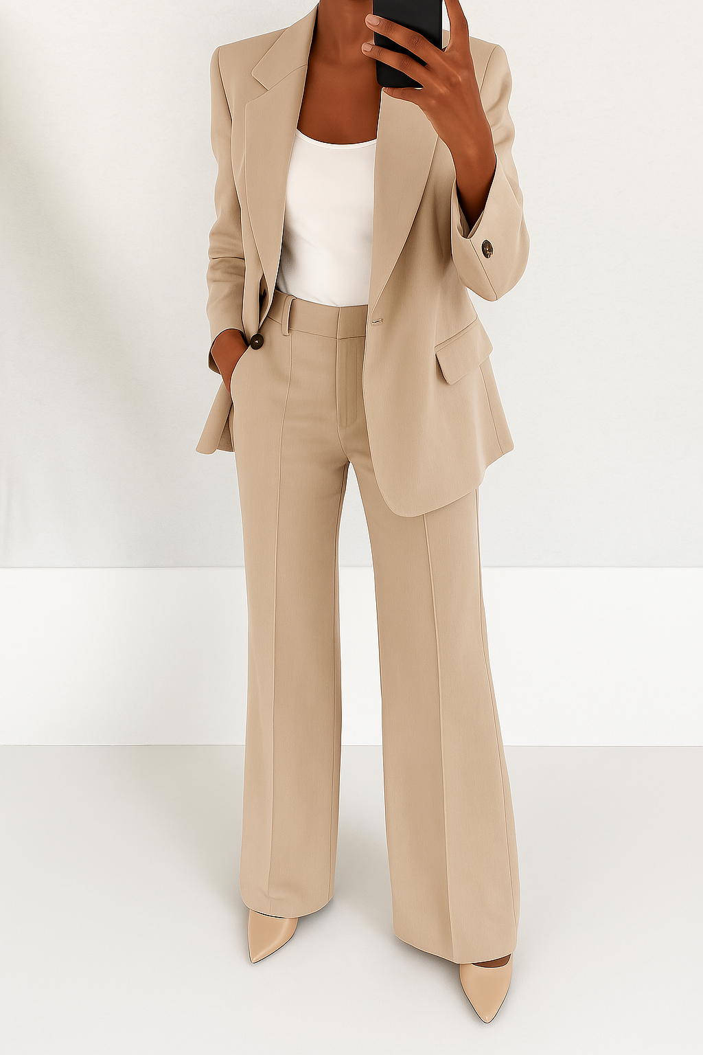 Women's two-piece trouser suit with notch lapel blazer and wide-leg trousers