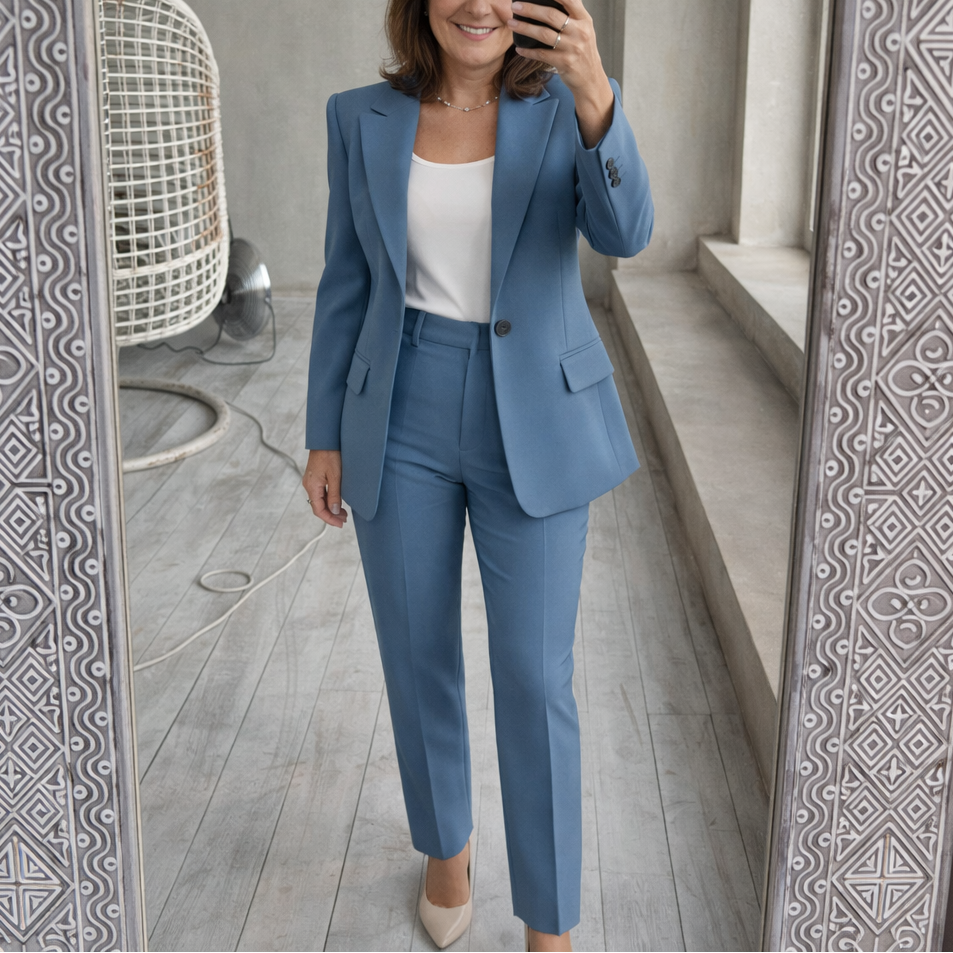 Women's two-piece trouser suit with notch lapel blazer and wide-leg trousers
