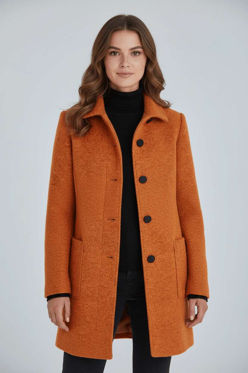 Women's tailored button-front overcoat with stand collar and patch pockets