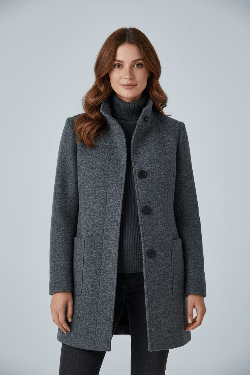 Women's tailored button-front overcoat with stand collar and patch pockets