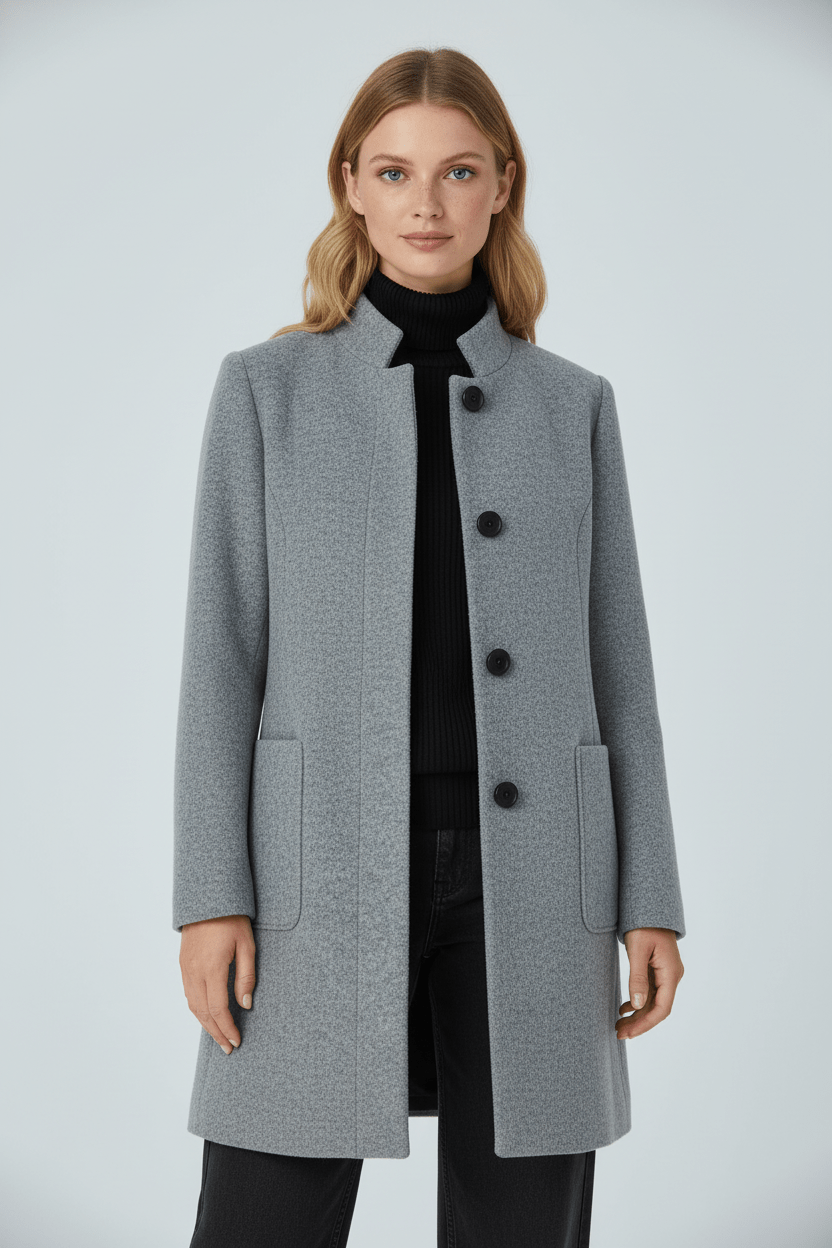 Women's tailored button-front overcoat with stand collar and patch pockets