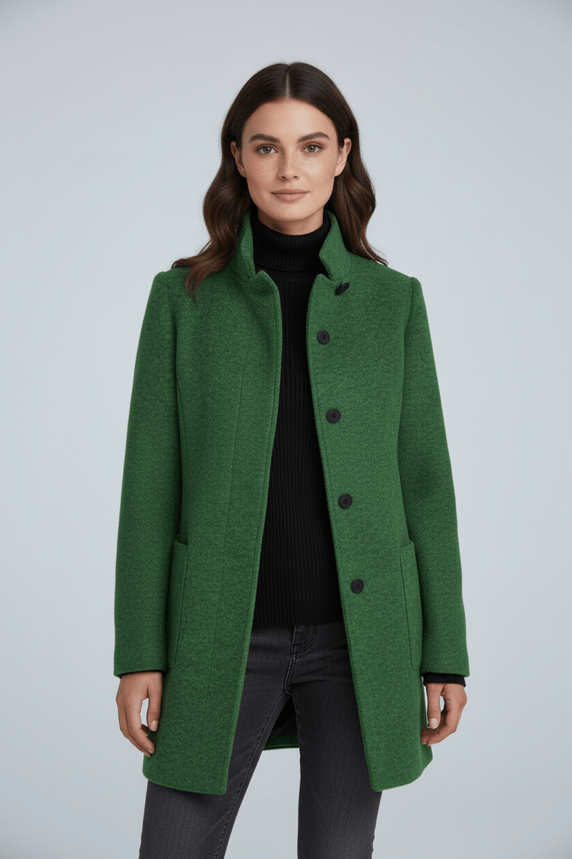 Women's tailored button-front overcoat with stand collar and patch pockets