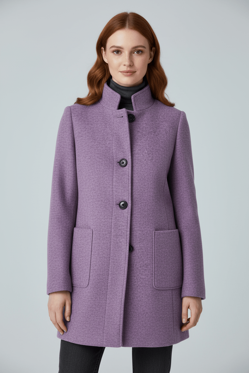 Women's tailored button-front overcoat with stand collar and patch pockets