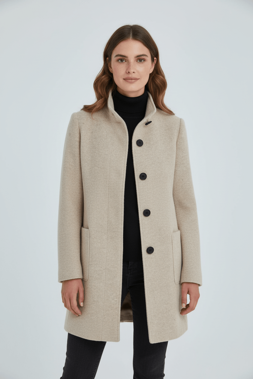 Women's tailored button-front overcoat with stand collar and patch pockets