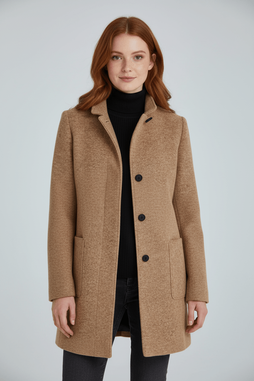 Women's tailored button-front overcoat with stand collar and patch pockets