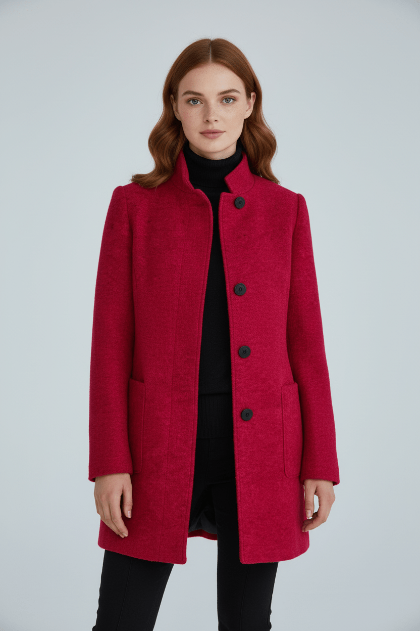 Women's tailored button-front overcoat with stand collar and patch pockets