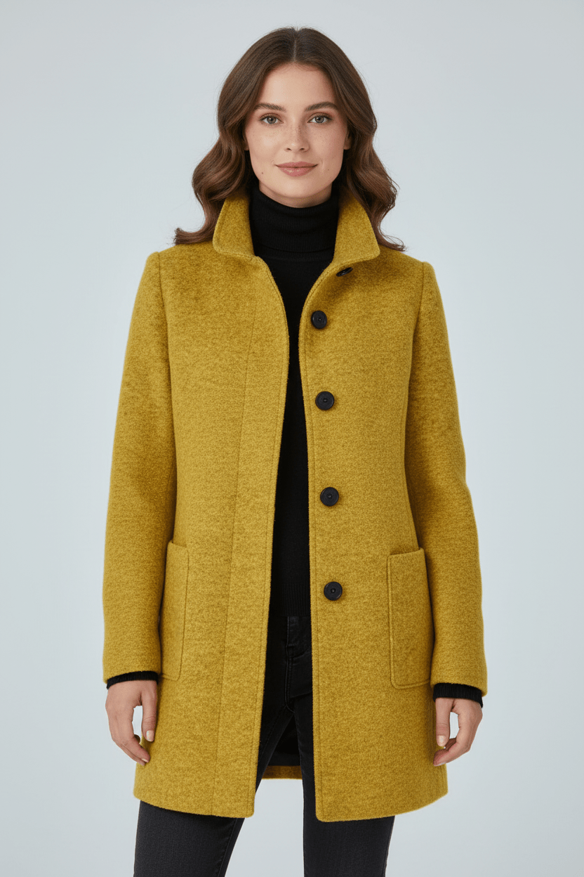 Women's tailored button-front overcoat with stand collar and patch pockets