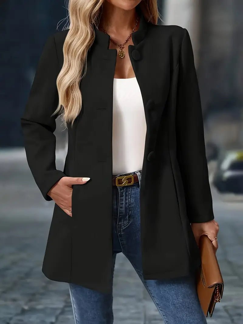 Women's Coat Stand Collar Button Front - Black