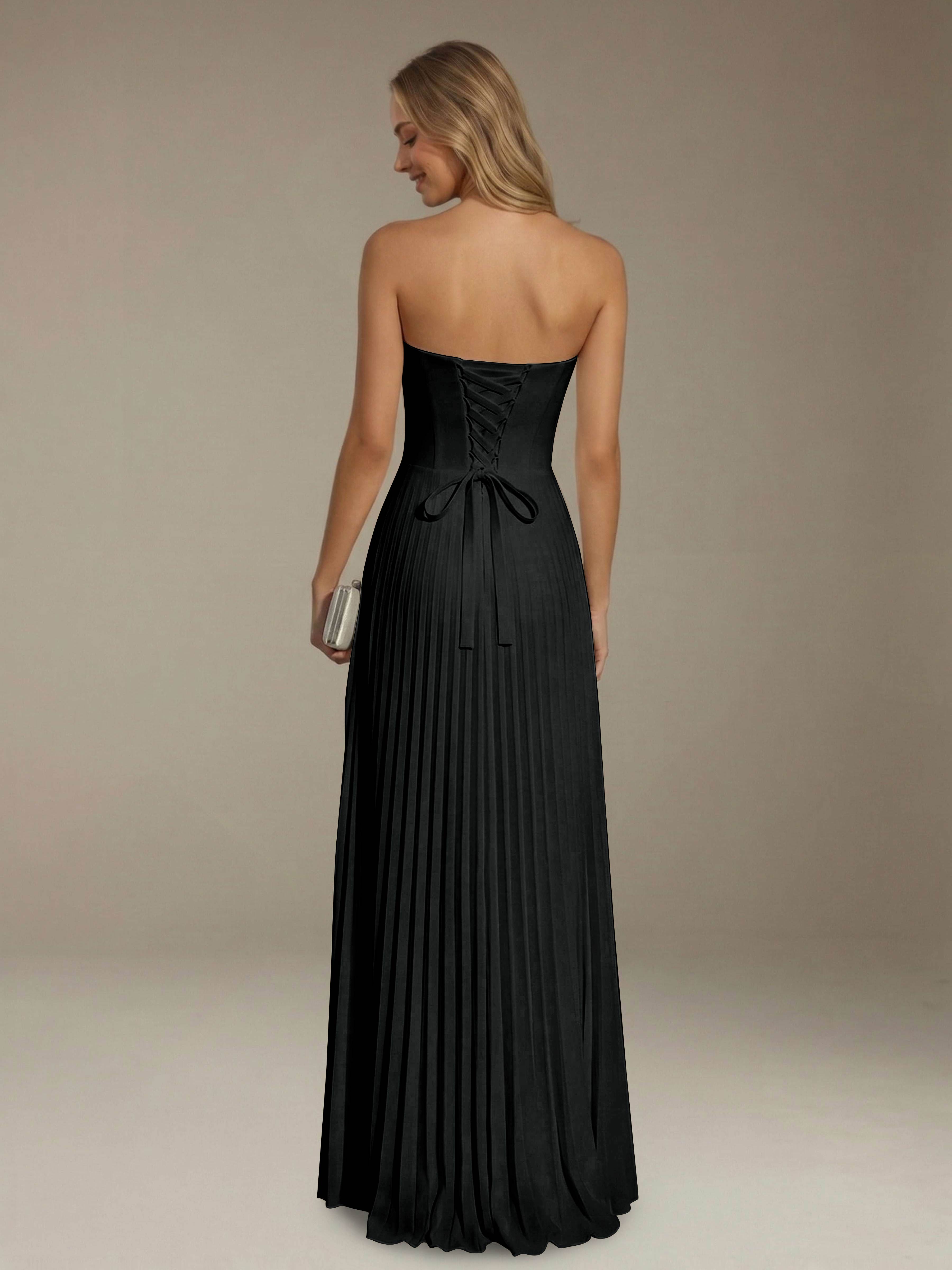 Women’s Pleated Strapless A-Line Maxi Dress | Lace-Up Back Occasion Gown