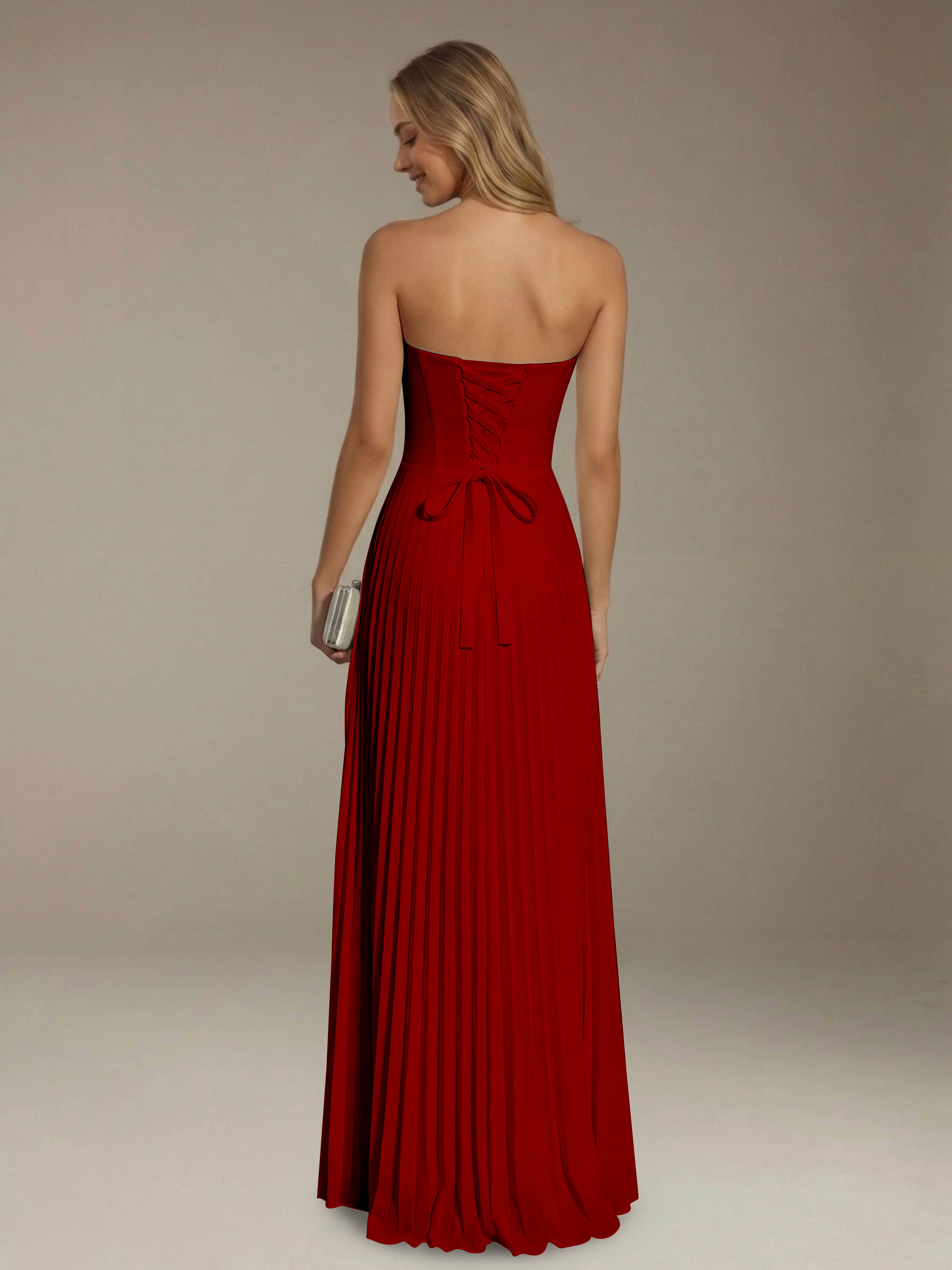 Women’s Pleated Strapless A-Line Maxi Dress | Lace-Up Back Occasion Gown