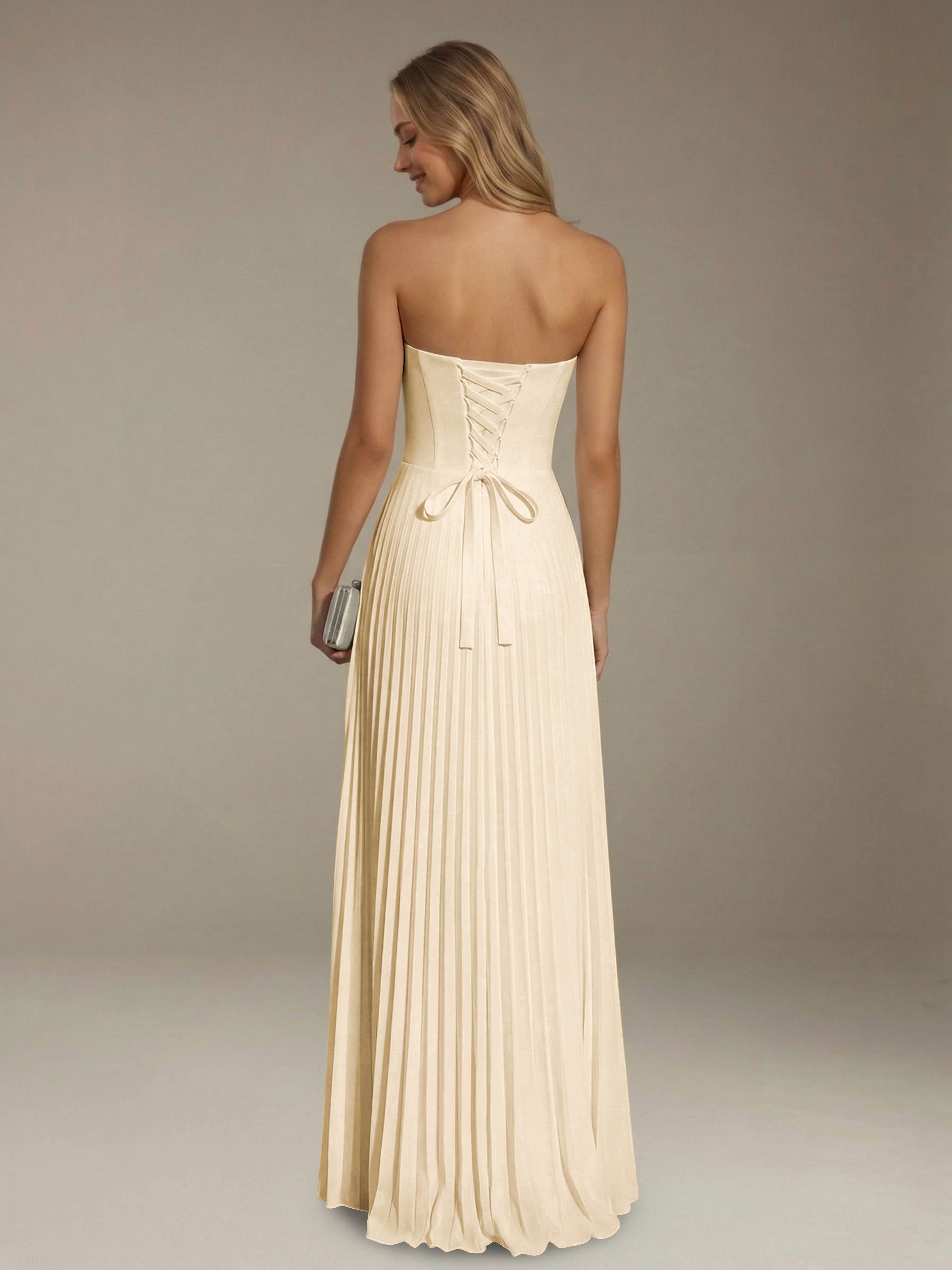Women’s Pleated Strapless A-Line Maxi Dress | Lace-Up Back Occasion Gown