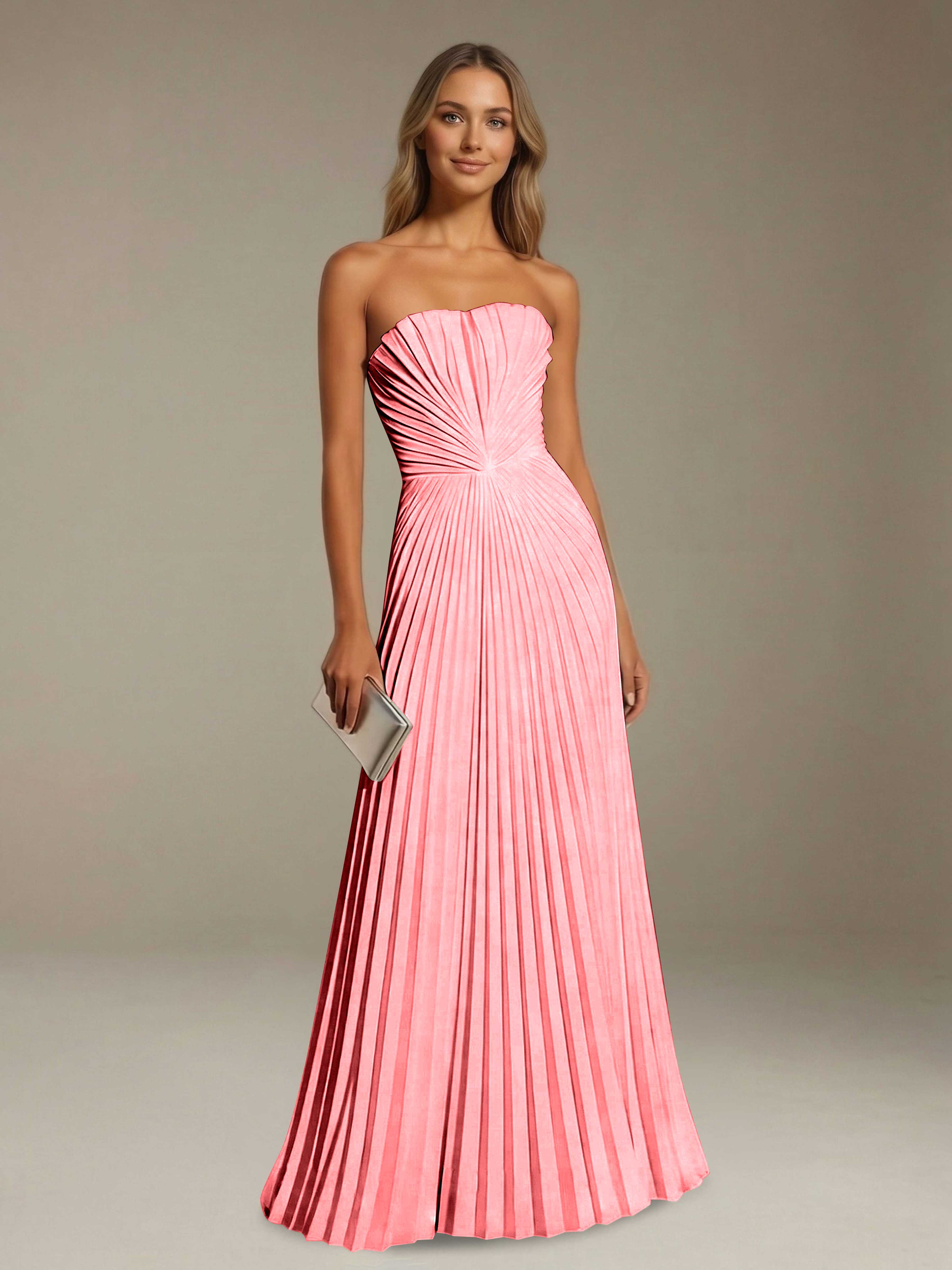 Women’s Pleated Strapless A-Line Maxi Dress | Lace-Up Back Occasion Gown