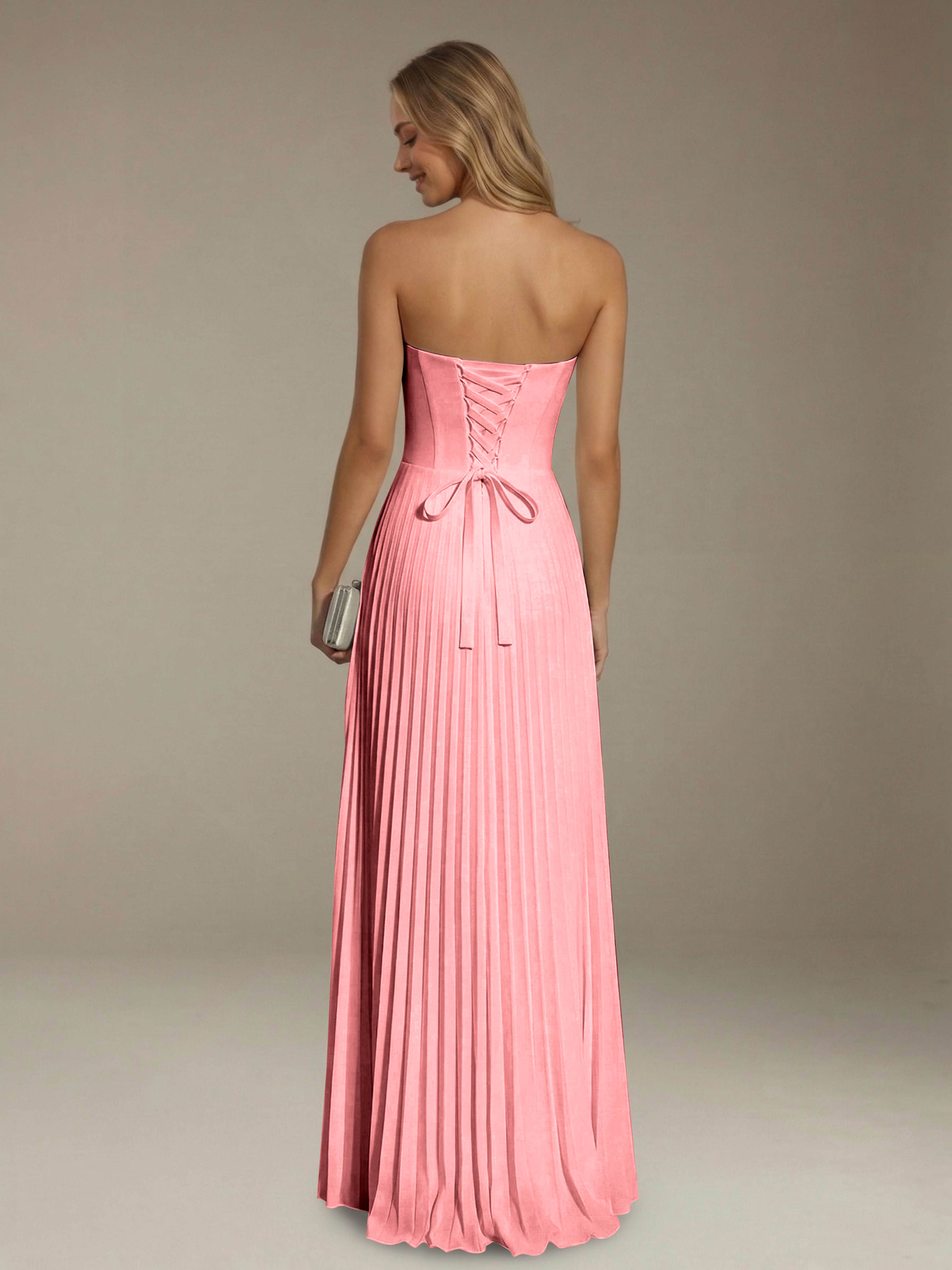 Women’s Pleated Strapless A-Line Maxi Dress | Lace-Up Back Occasion Gown