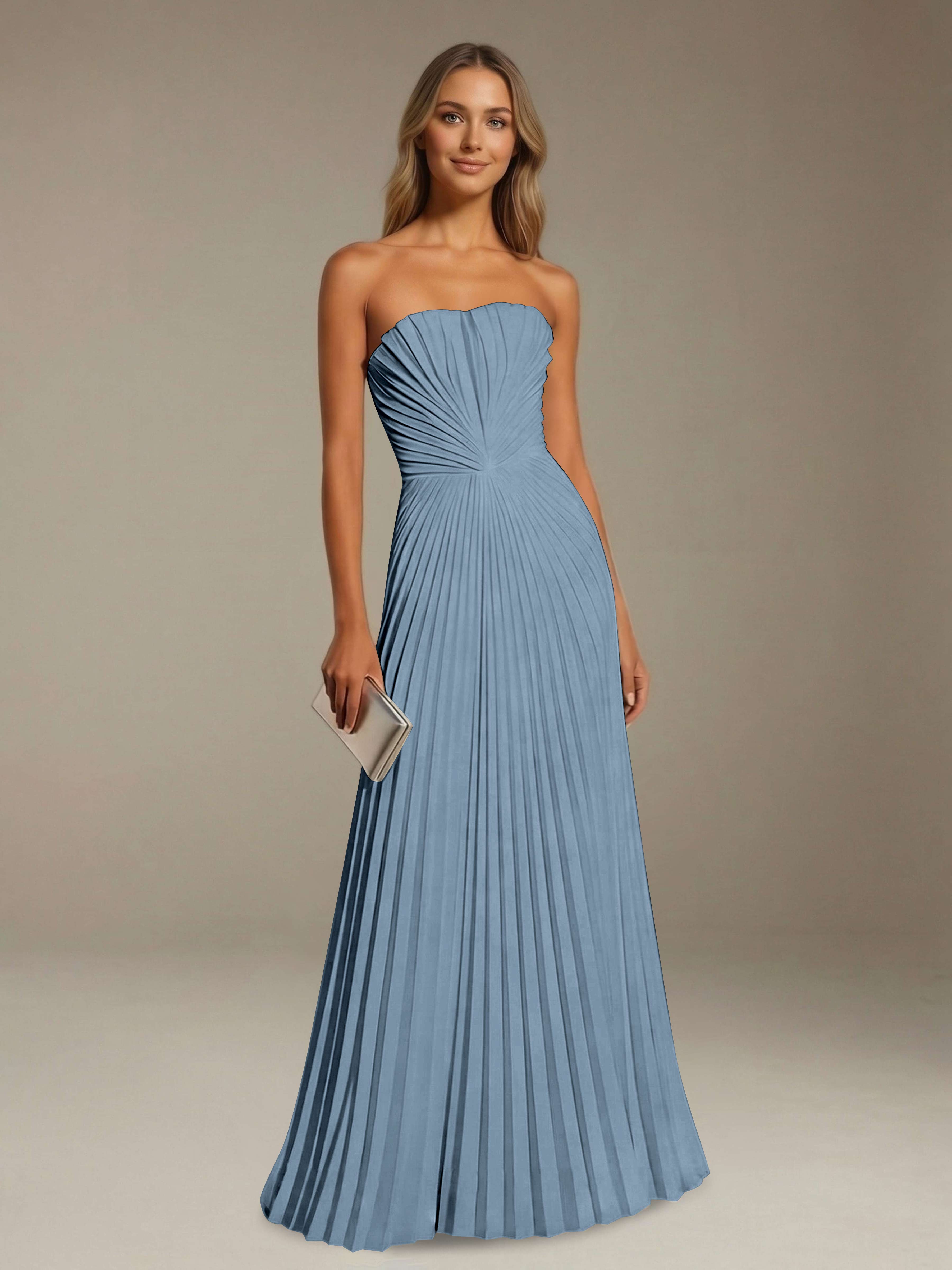 Women’s Pleated Strapless A-Line Maxi Dress | Lace-Up Back Occasion Gown