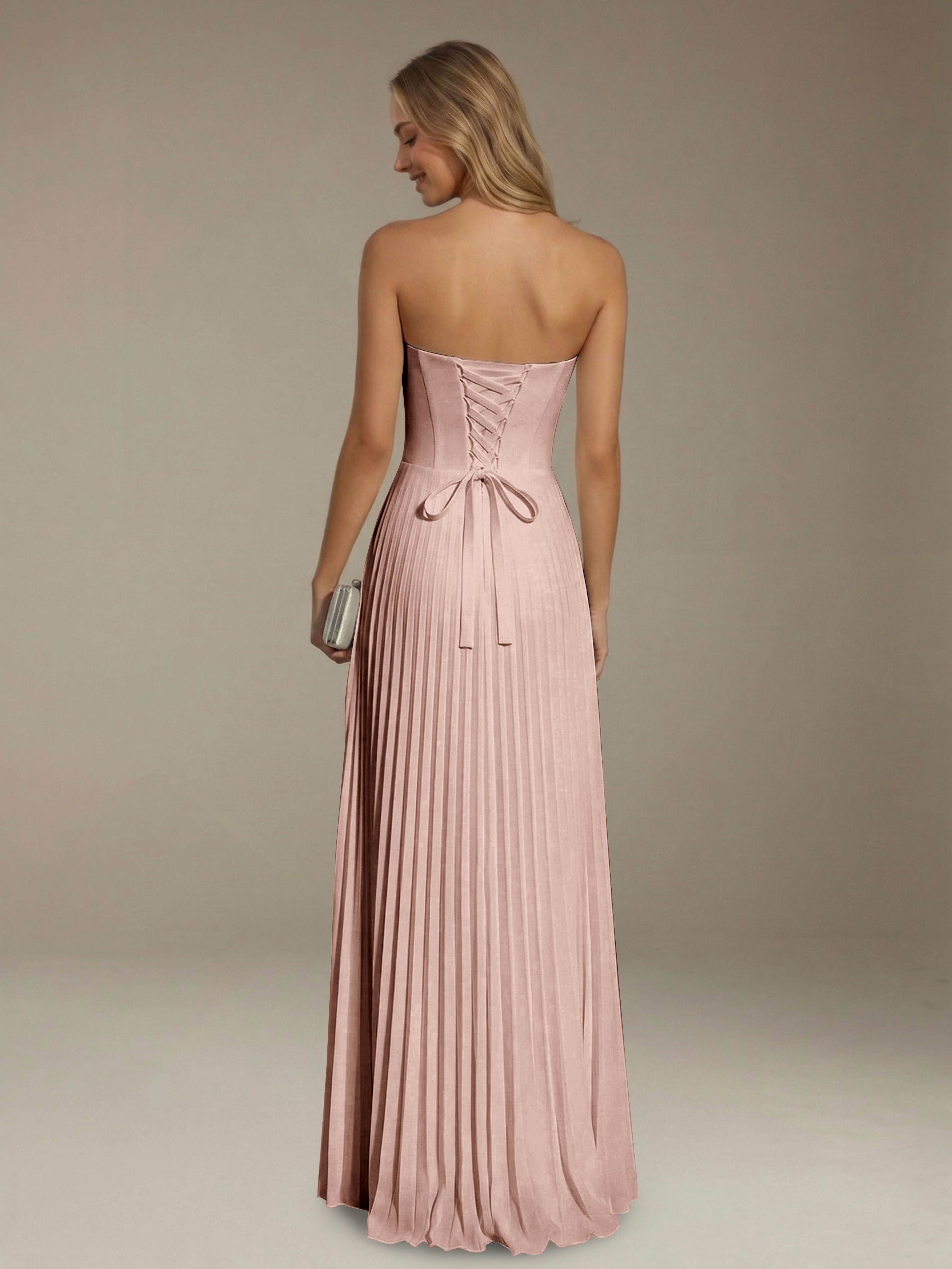 Women’s Pleated Strapless A-Line Maxi Dress | Lace-Up Back Occasion Gown