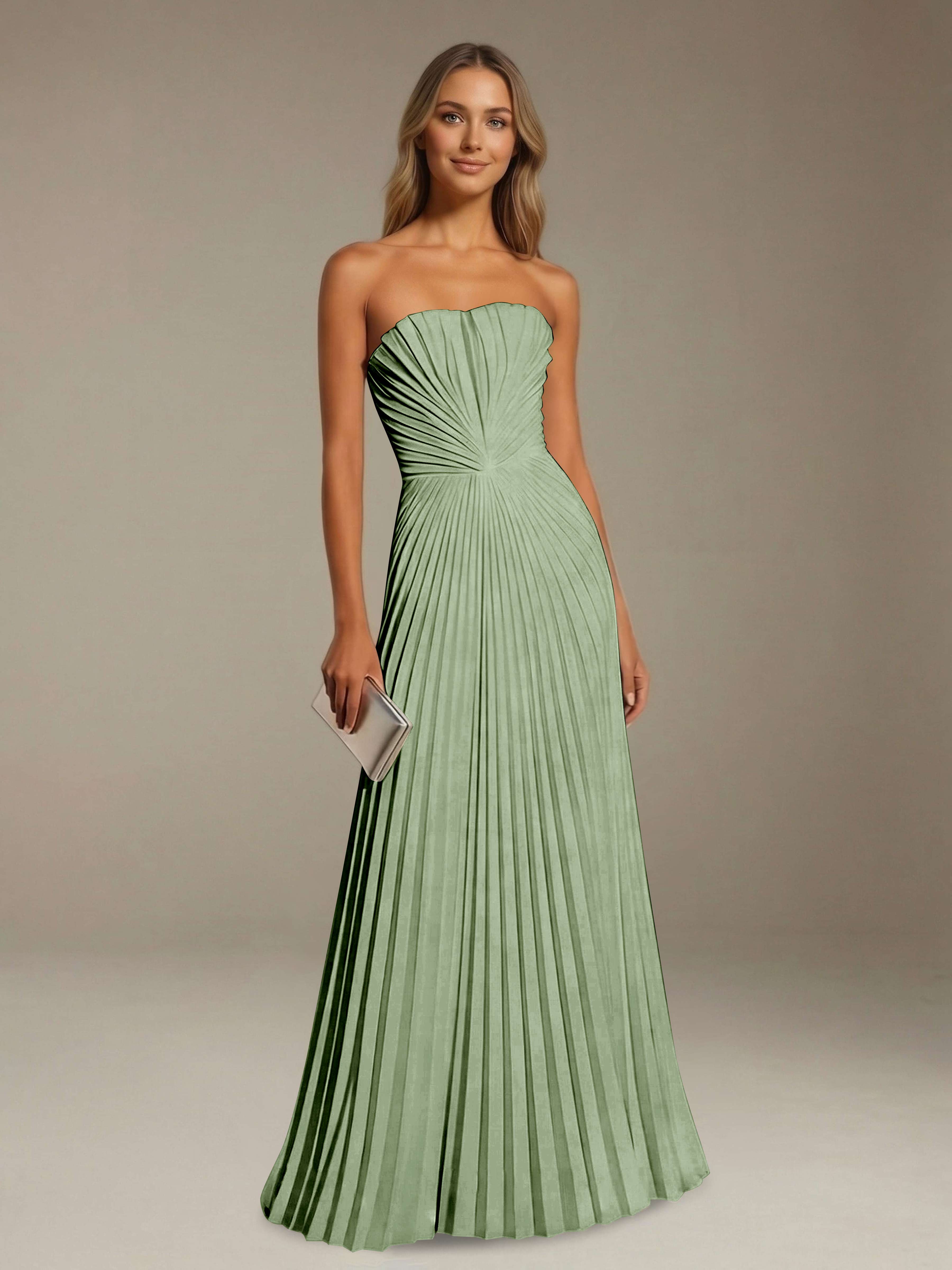Women’s Pleated Strapless A-Line Maxi Dress | Lace-Up Back Occasion Gown