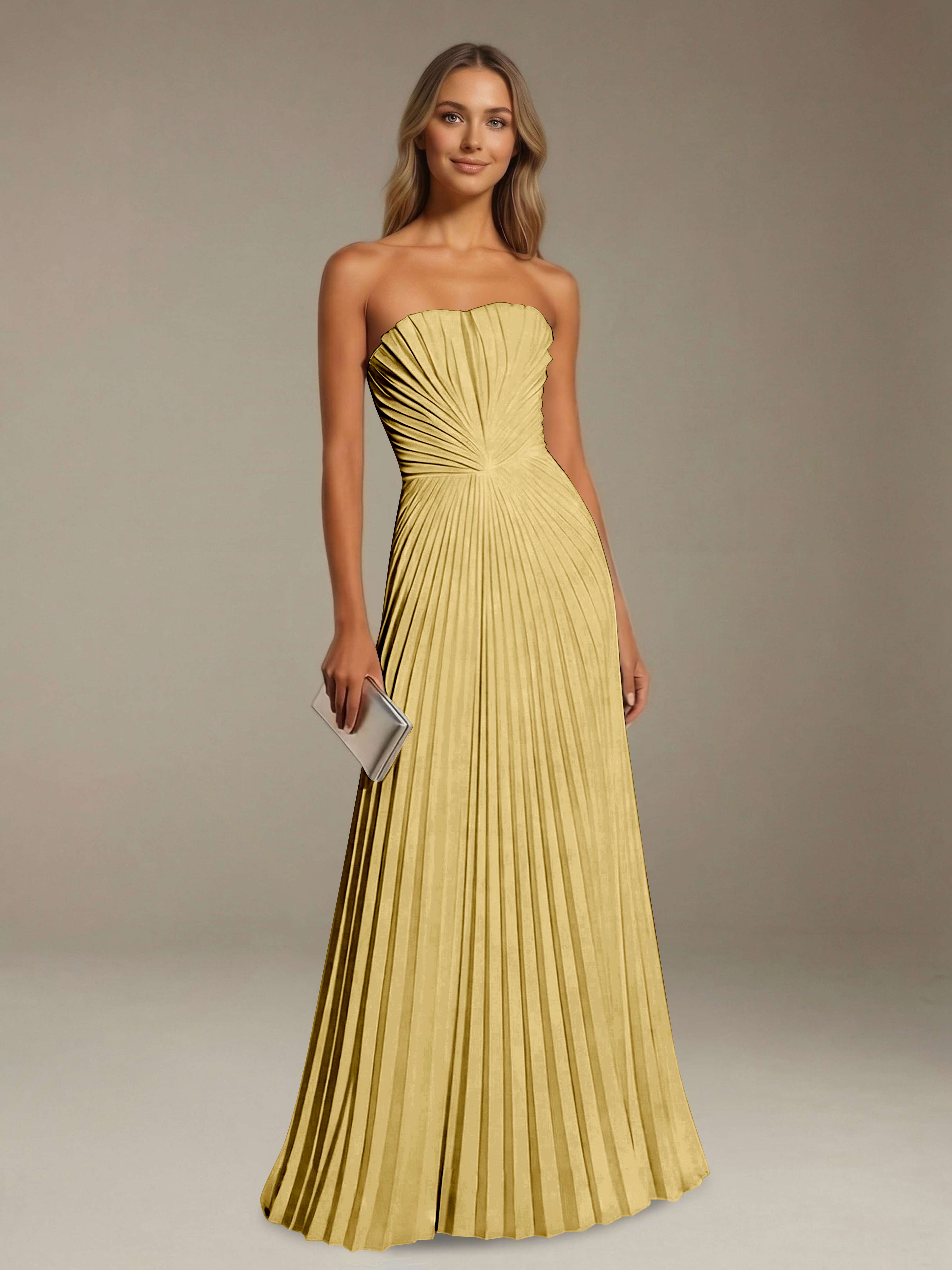 Women’s Pleated Strapless A-Line Maxi Dress | Lace-Up Back Occasion Gown