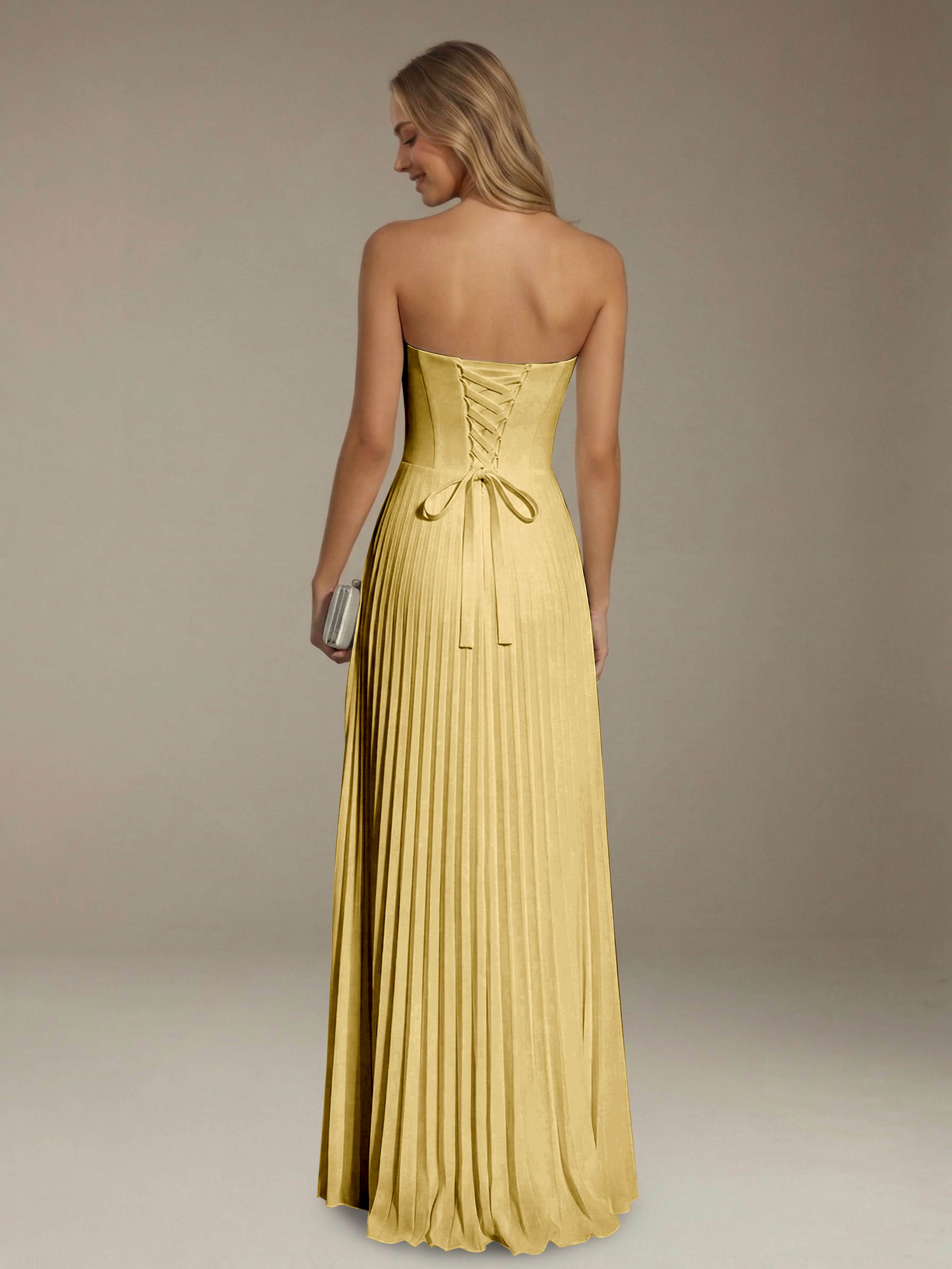Women’s Pleated Strapless A-Line Maxi Dress | Lace-Up Back Occasion Gown