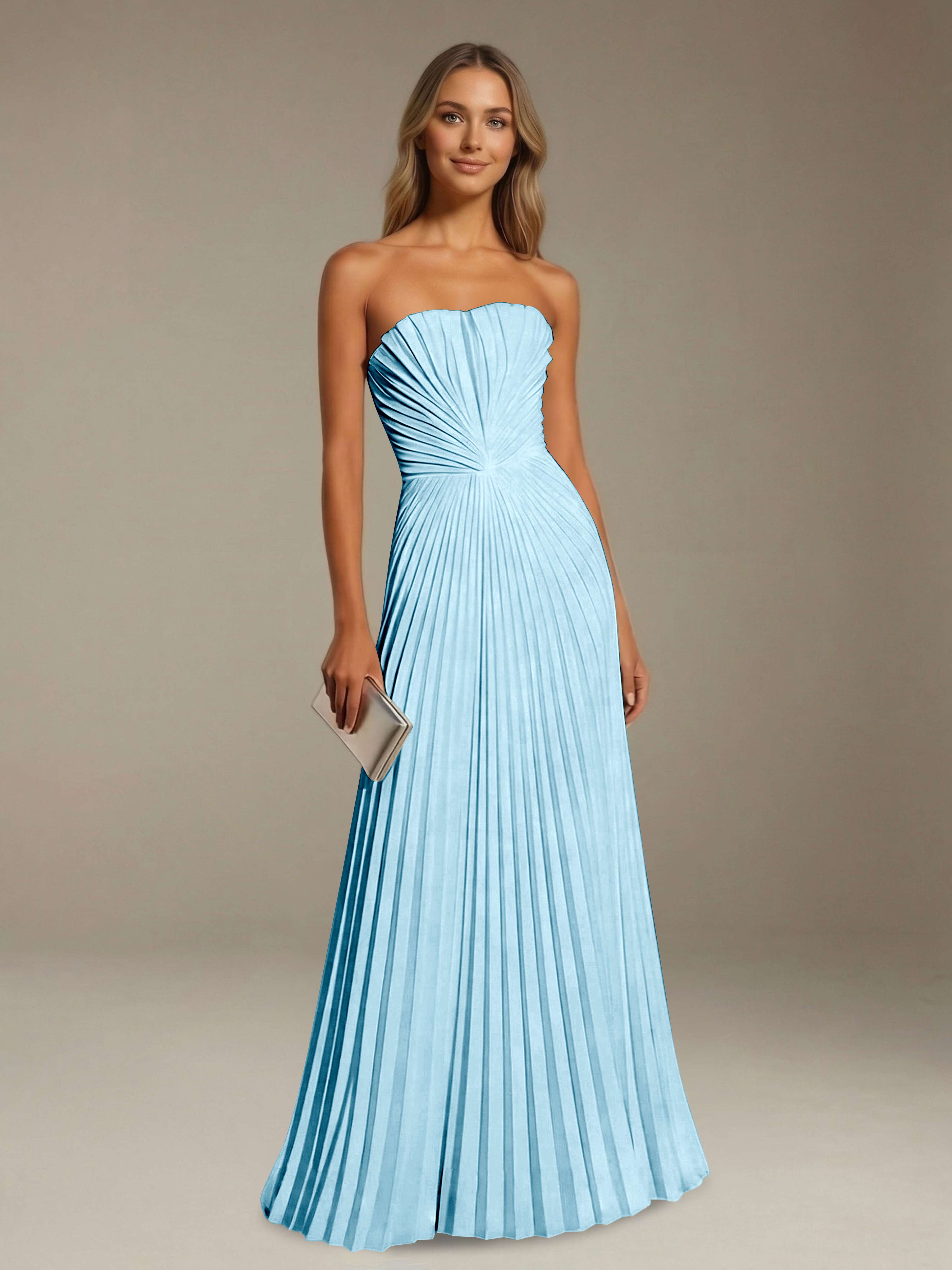 Women’s Pleated Strapless A-Line Maxi Dress | Lace-Up Back Occasion Gown