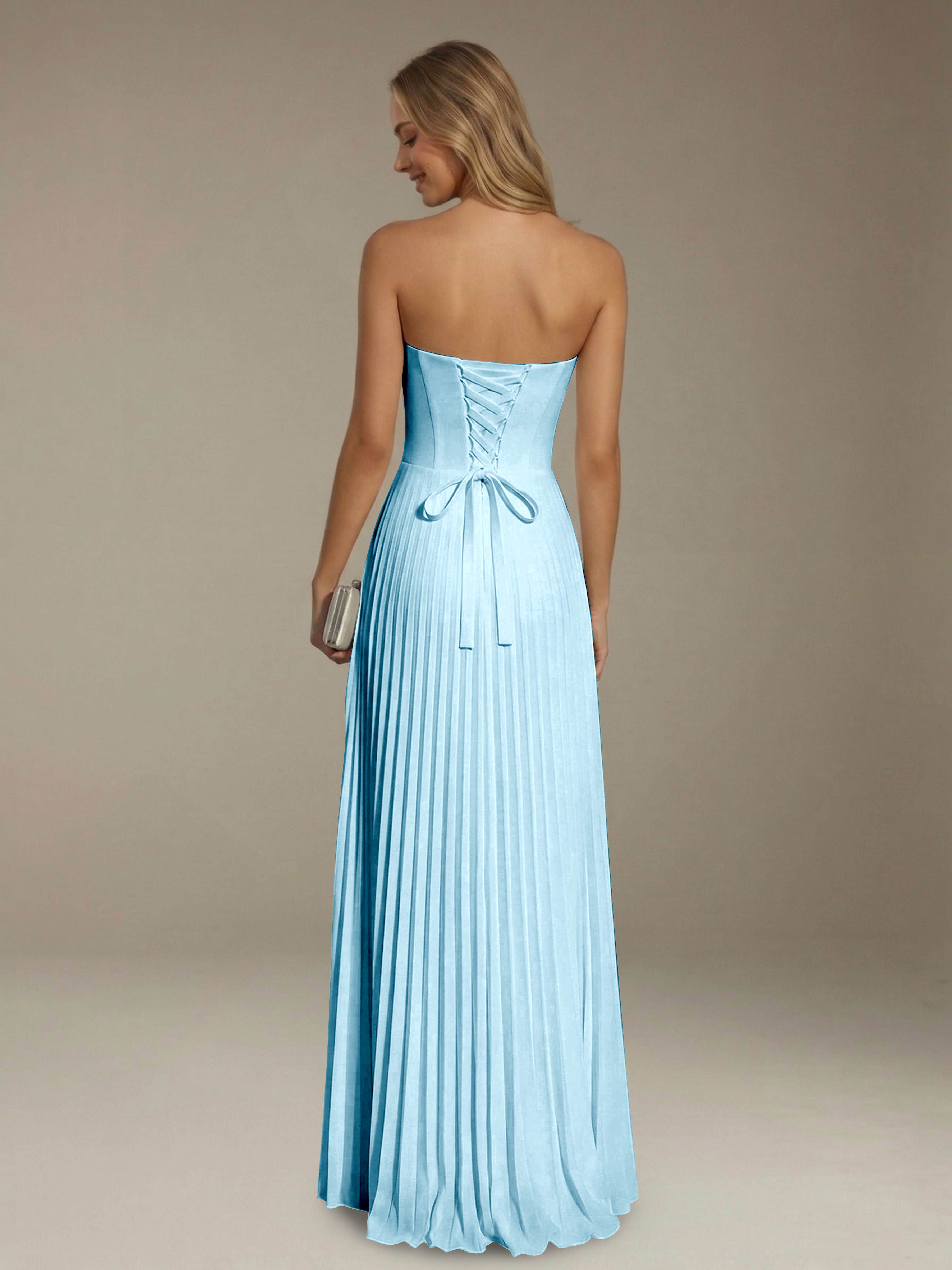 Women’s Pleated Strapless A-Line Maxi Dress | Lace-Up Back Occasion Gown
