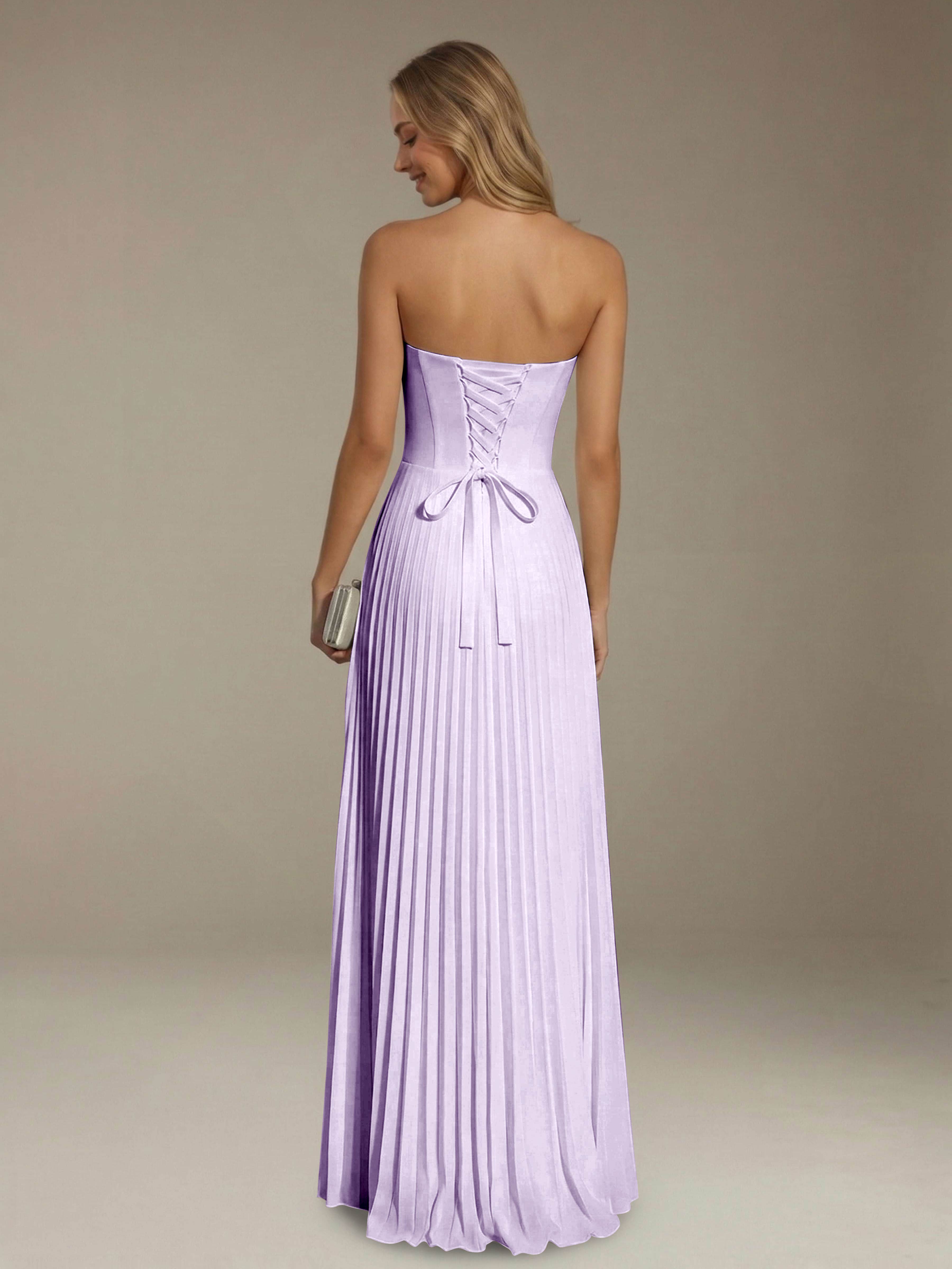 Women’s Pleated Strapless A-Line Maxi Dress | Lace-Up Back Occasion Gown