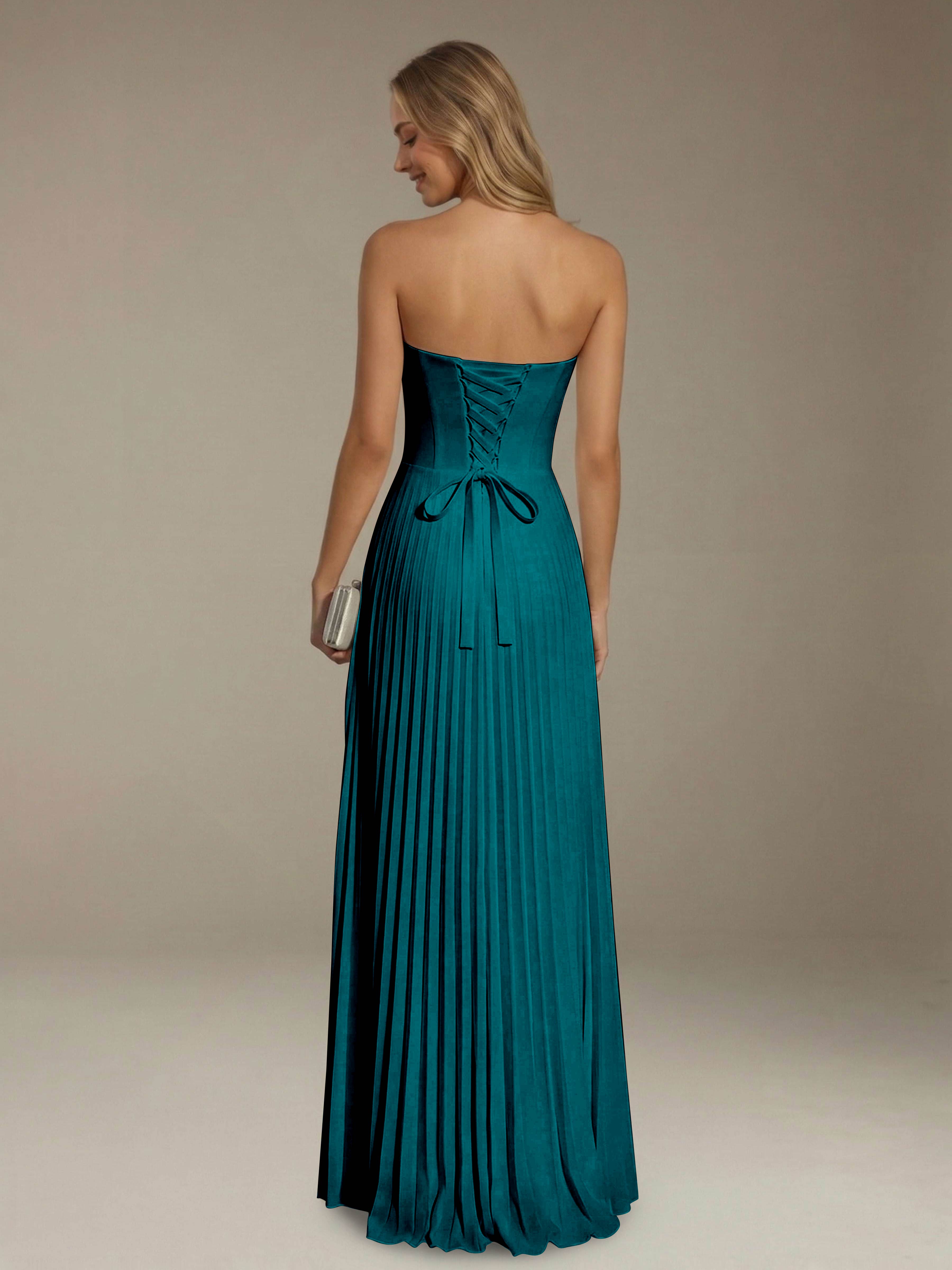 Women’s Pleated Strapless A-Line Maxi Dress | Lace-Up Back Occasion Gown