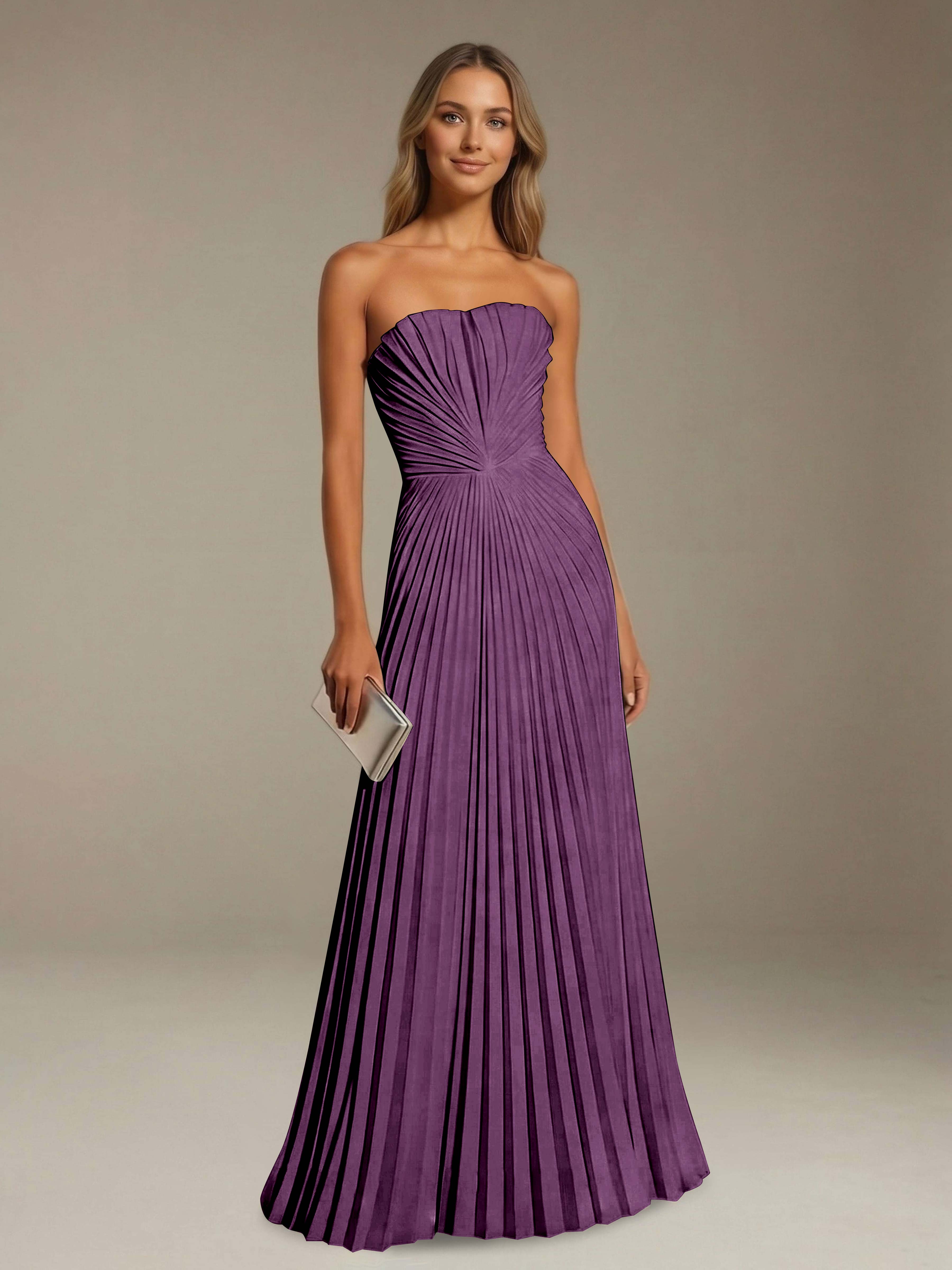 Women’s Pleated Strapless A-Line Maxi Dress | Lace-Up Back Occasion Gown