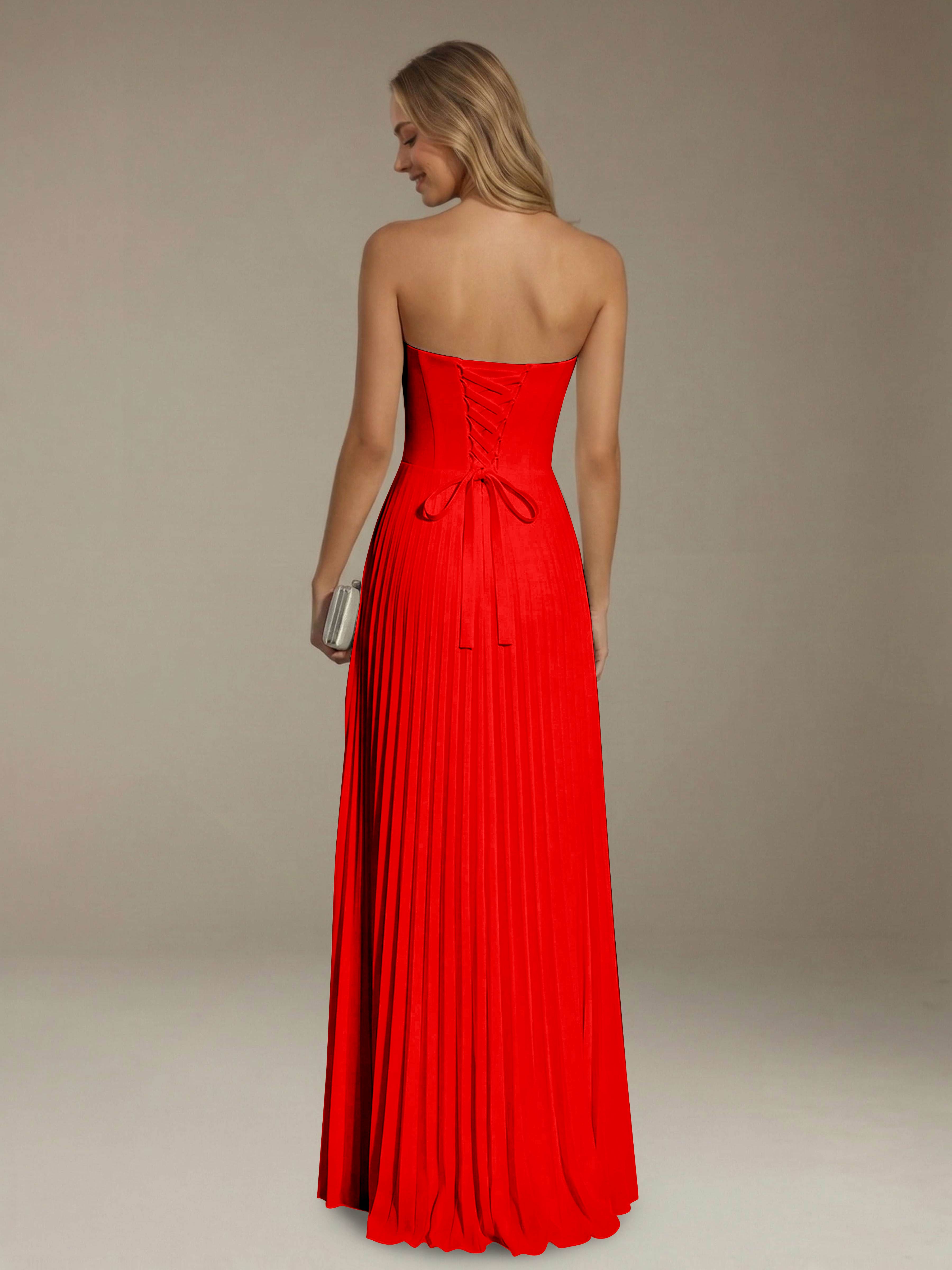 Women’s Pleated Strapless A-Line Maxi Dress | Lace-Up Back Occasion Gown