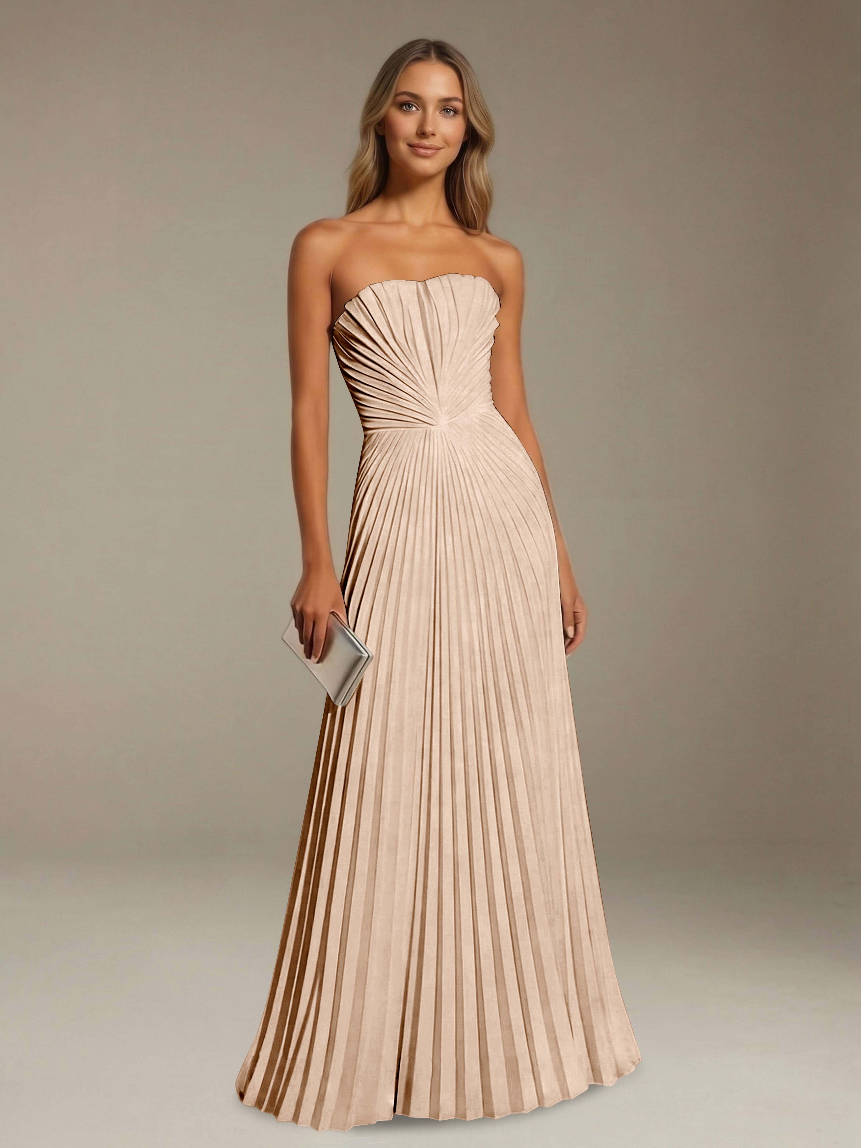 Women’s Pleated Strapless A-Line Maxi Dress | Lace-Up Back Occasion Gown