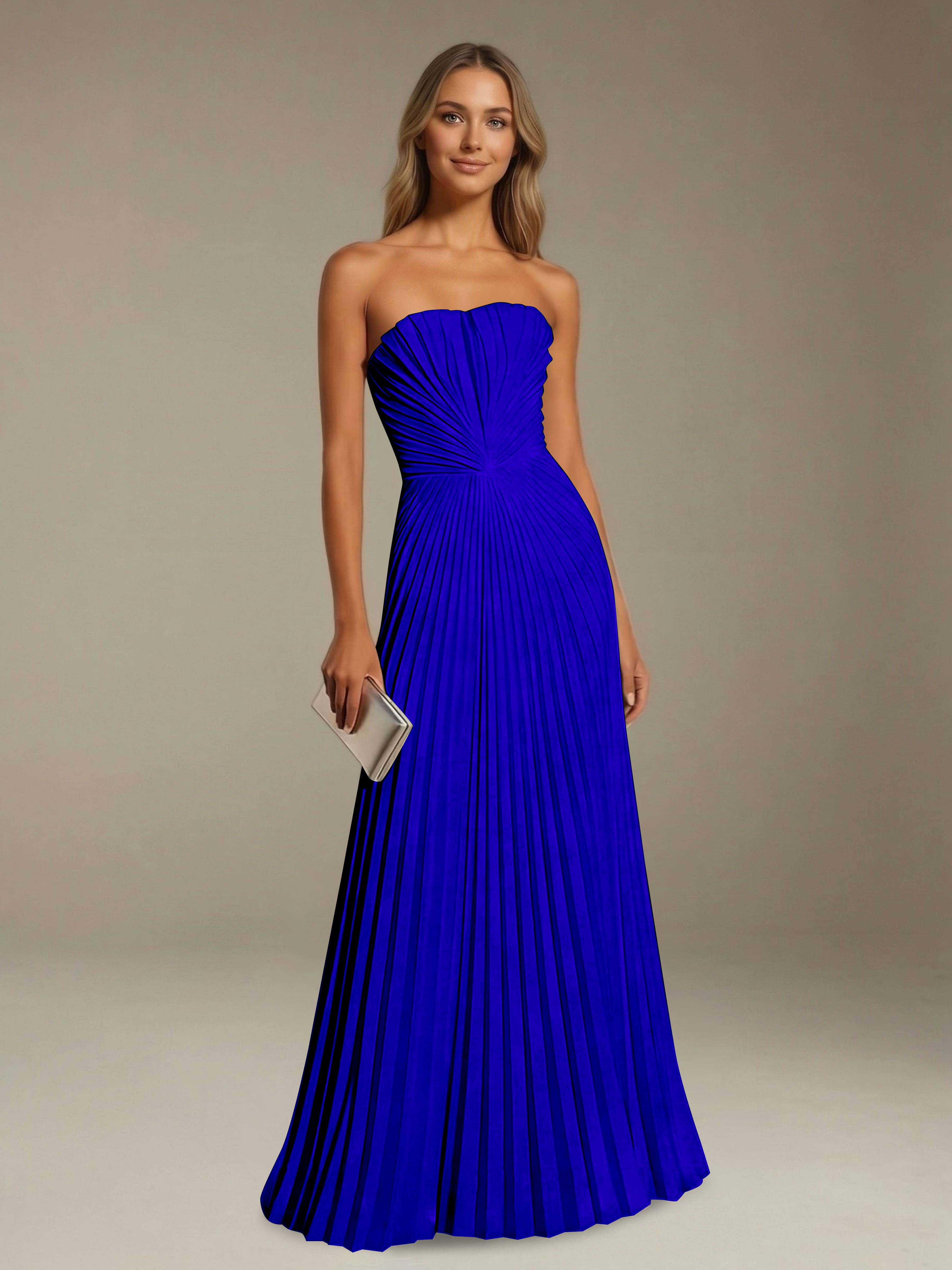 Women’s Pleated Strapless A-Line Maxi Dress | Lace-Up Back Occasion Gown