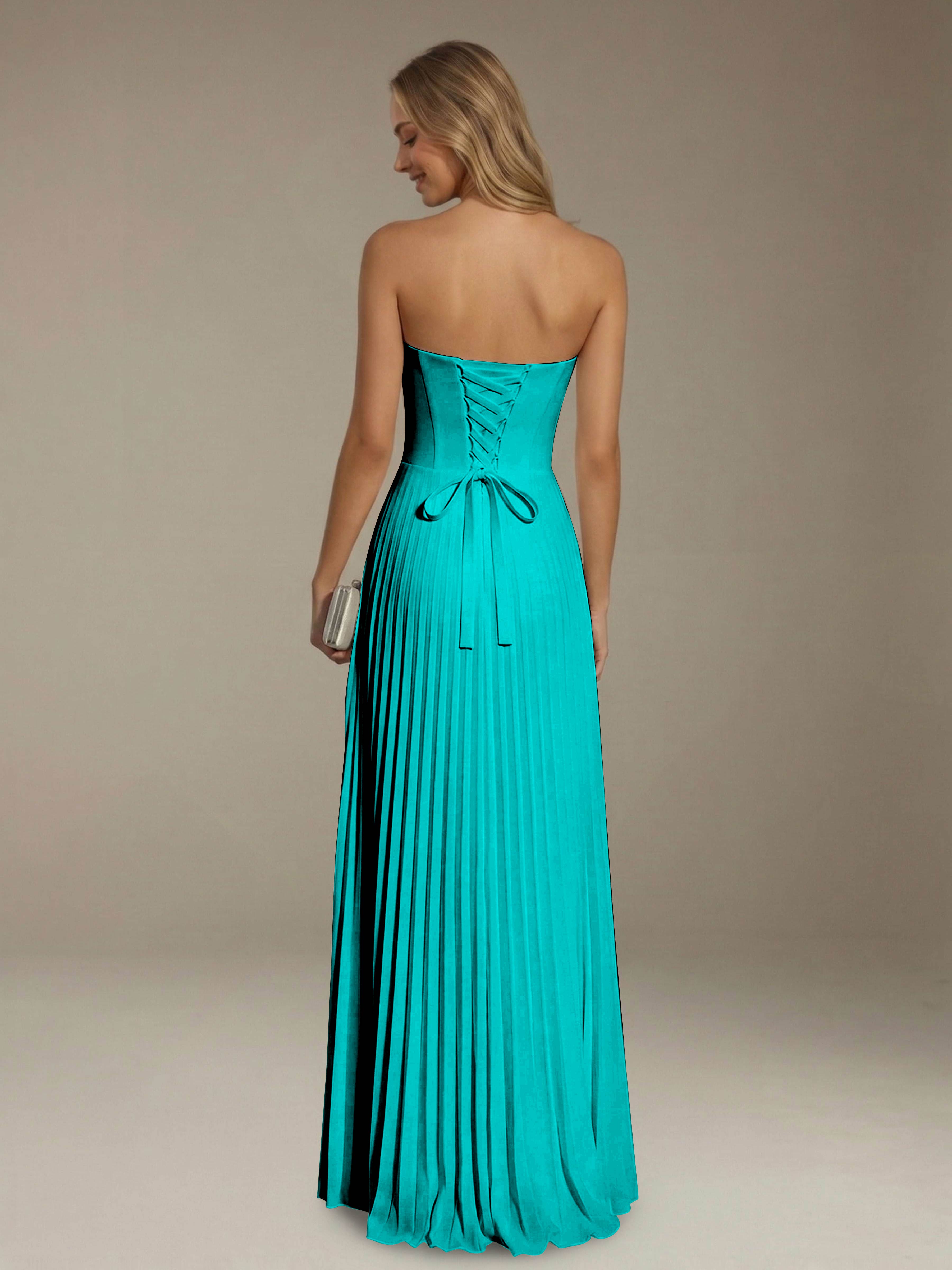Women’s Pleated Strapless A-Line Maxi Dress | Lace-Up Back Occasion Gown