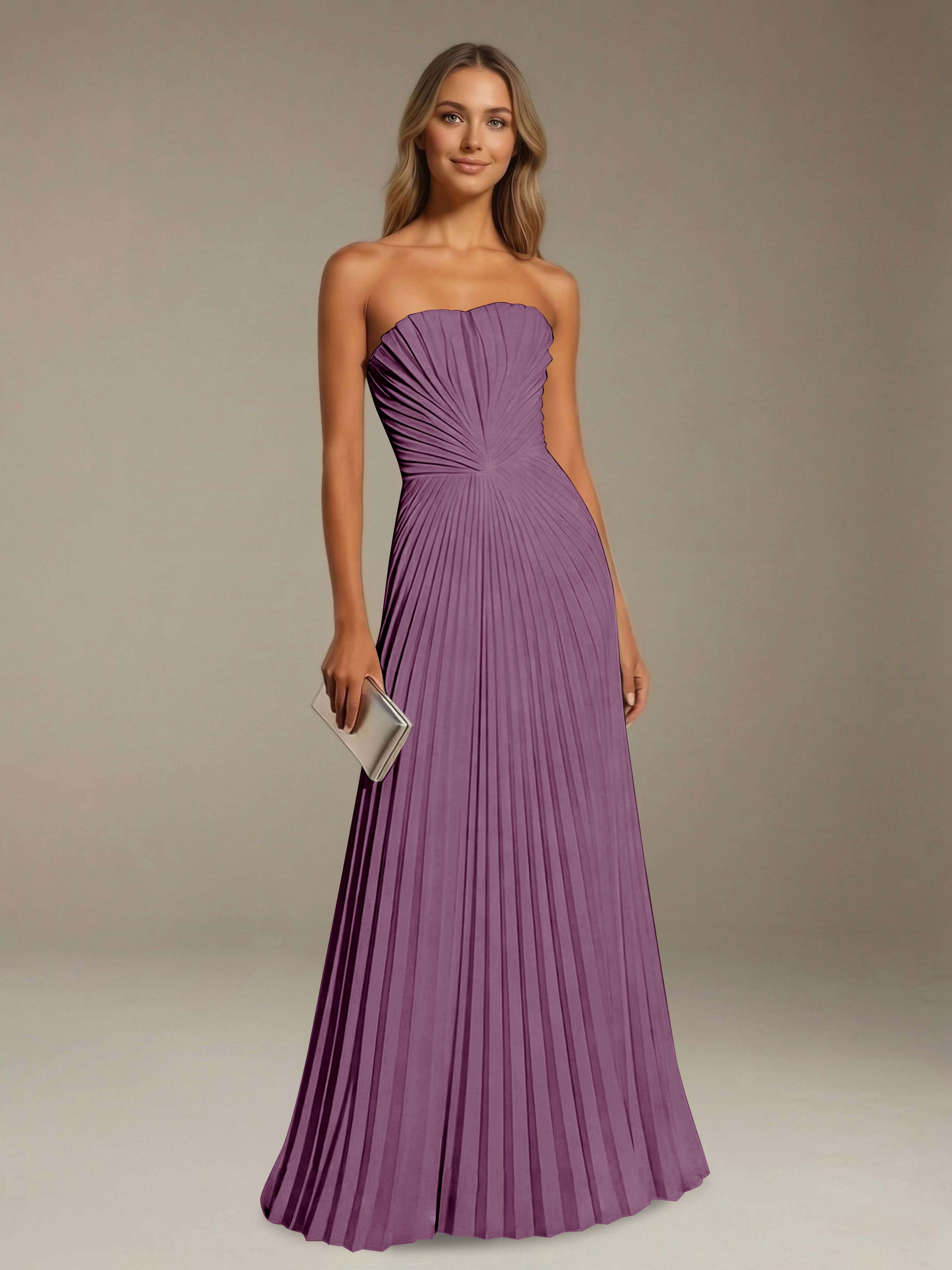 Women’s Pleated Strapless A-Line Maxi Dress | Lace-Up Back Occasion Gown