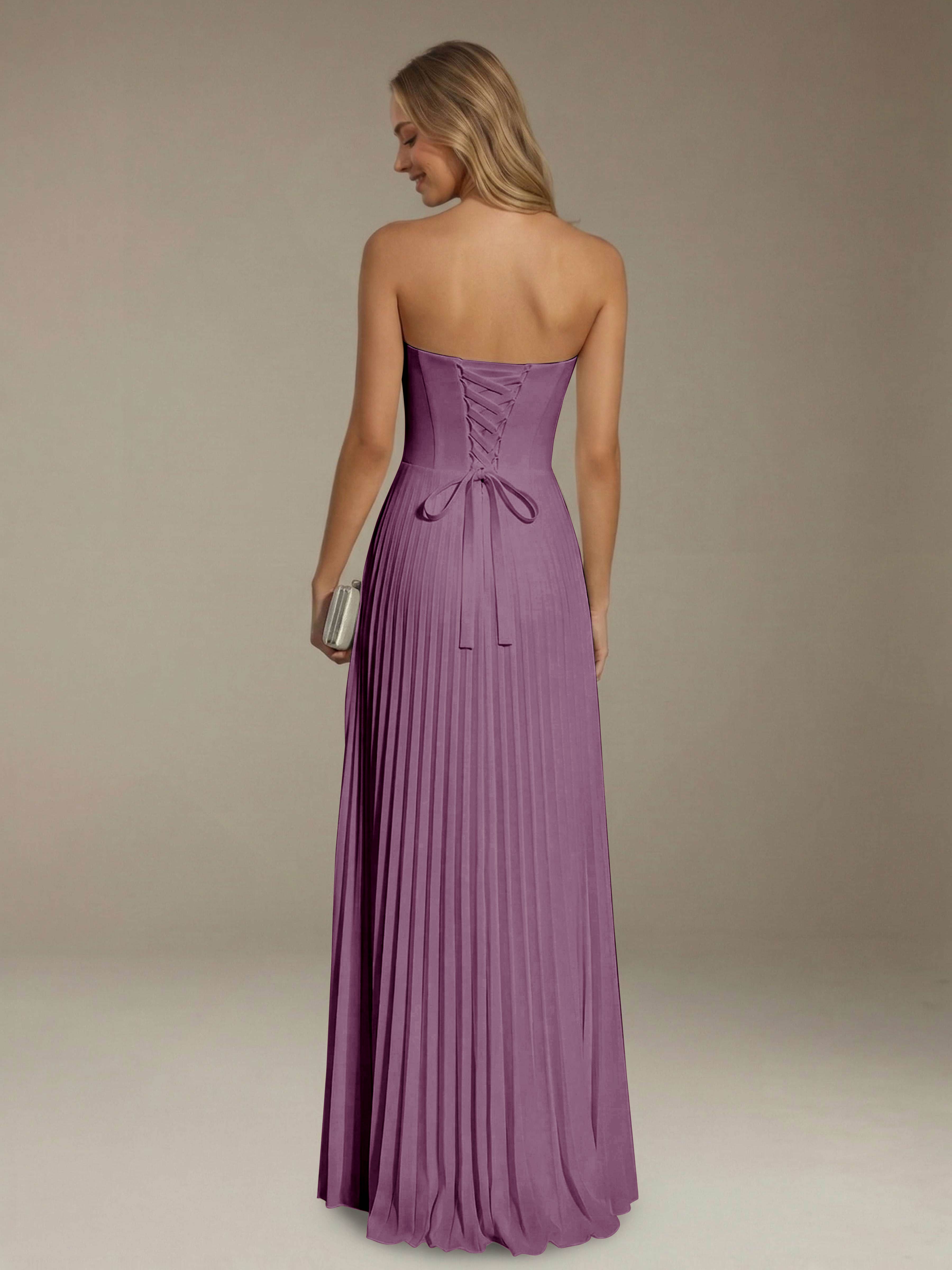 Women’s Pleated Strapless A-Line Maxi Dress | Lace-Up Back Occasion Gown