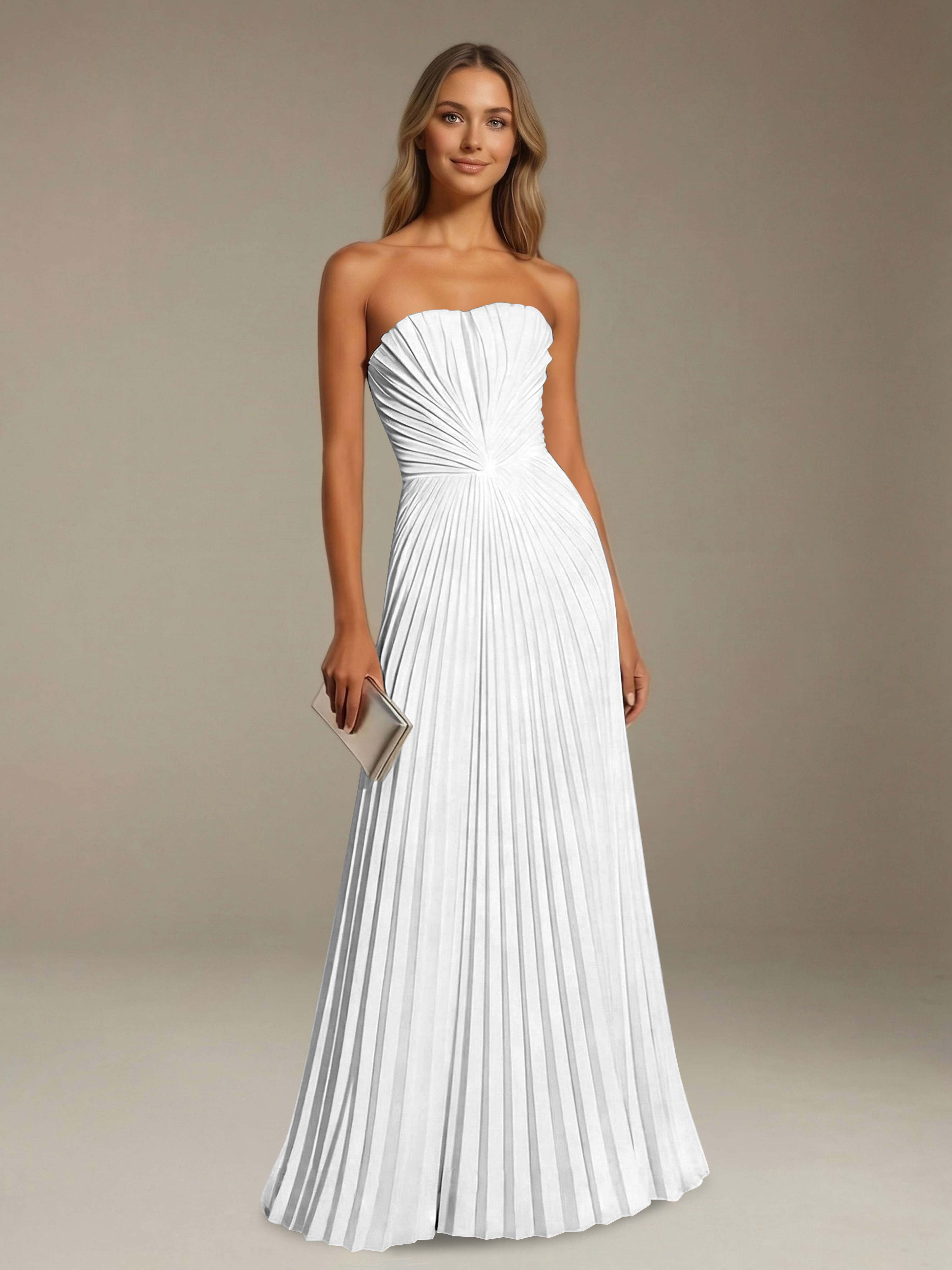 Women’s Pleated Strapless A-Line Maxi Dress | Lace-Up Back Occasion Gown