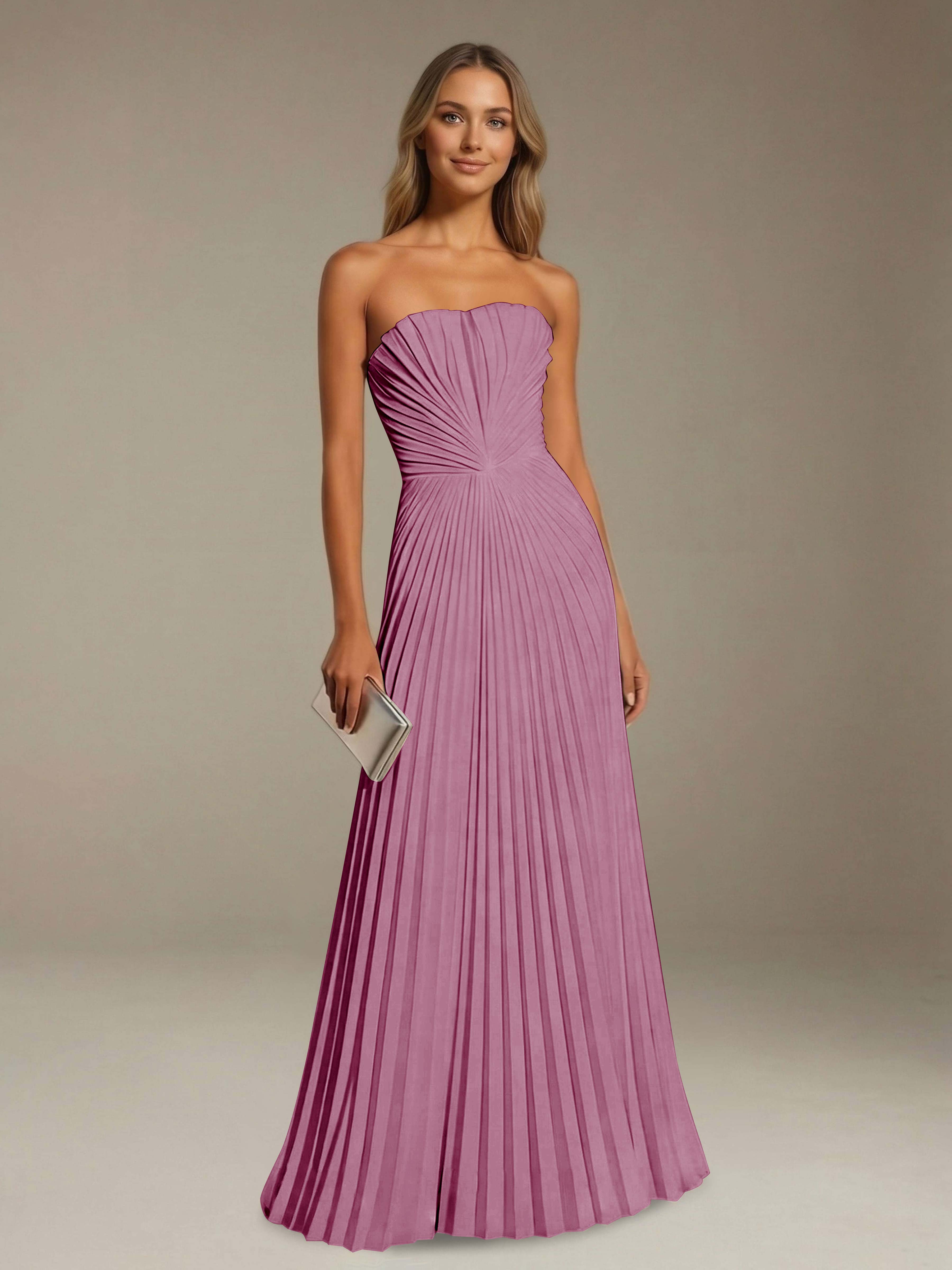 Women’s Pleated Strapless A-Line Maxi Dress | Lace-Up Back Occasion Gown