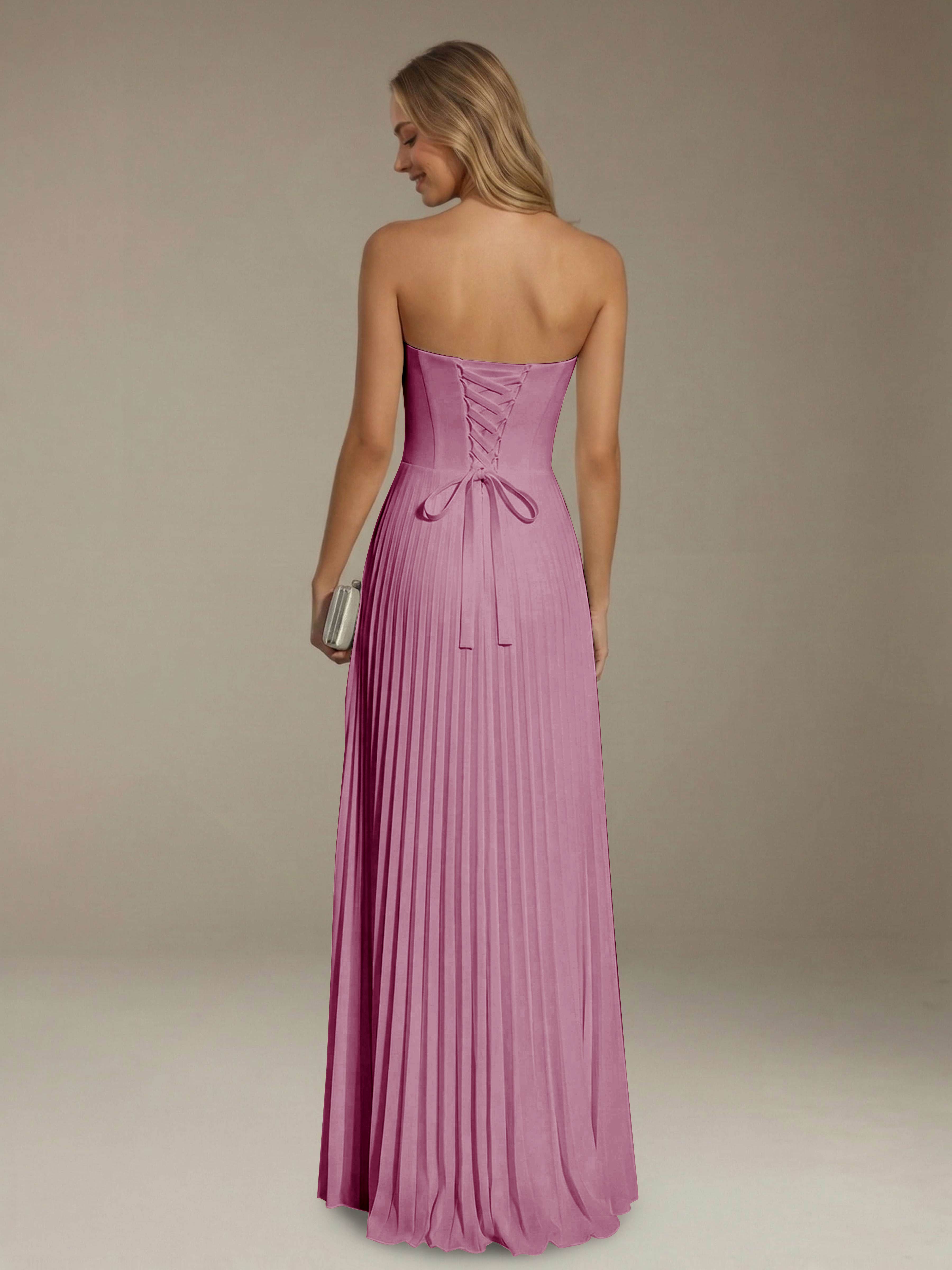 Women’s Pleated Strapless A-Line Maxi Dress | Lace-Up Back Occasion Gown