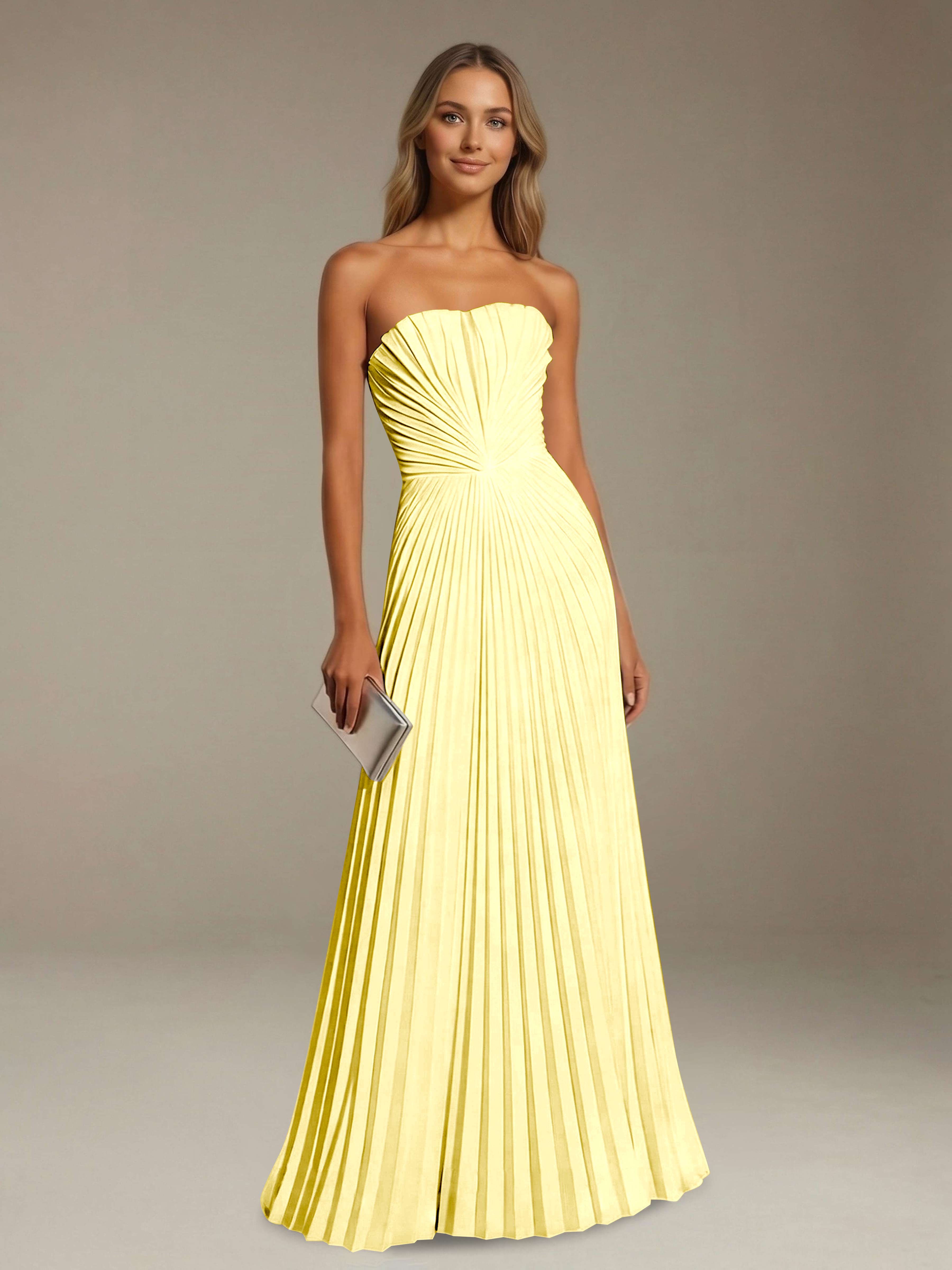 Women’s Pleated Strapless A-Line Maxi Dress | Lace-Up Back Occasion Gown