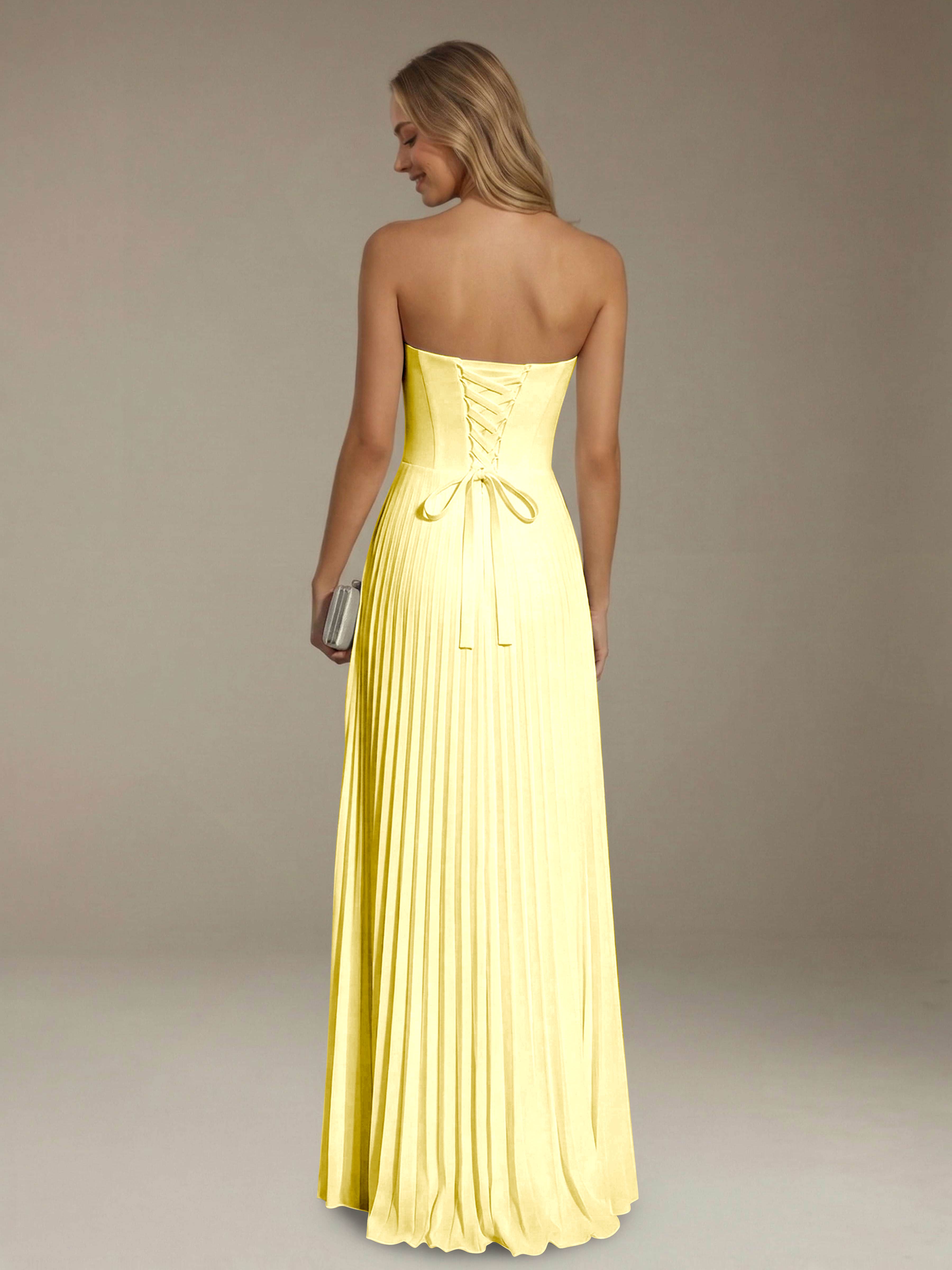 Women’s Pleated Strapless A-Line Maxi Dress | Lace-Up Back Occasion Gown
