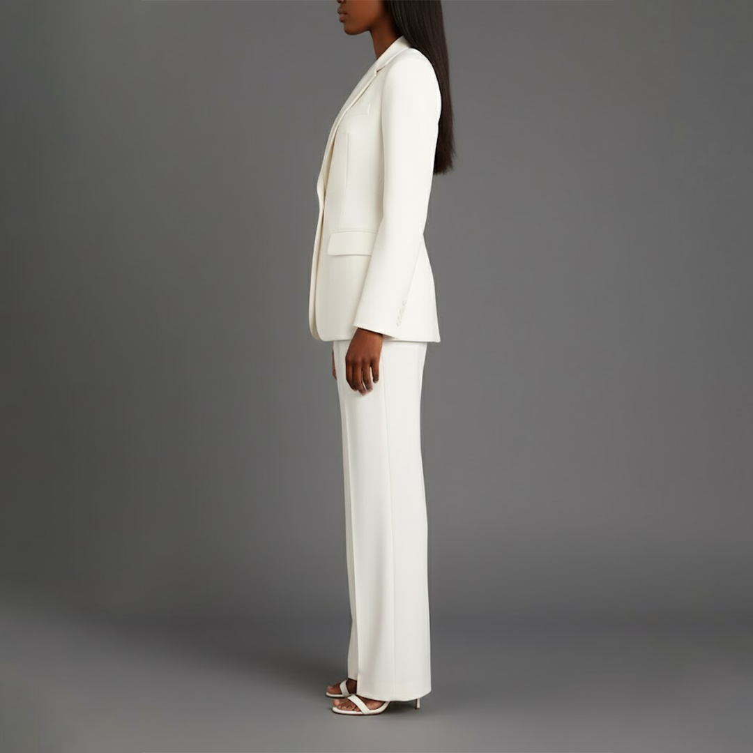 Women's tailored trouser suit set with longline blazer and wide-leg trousers