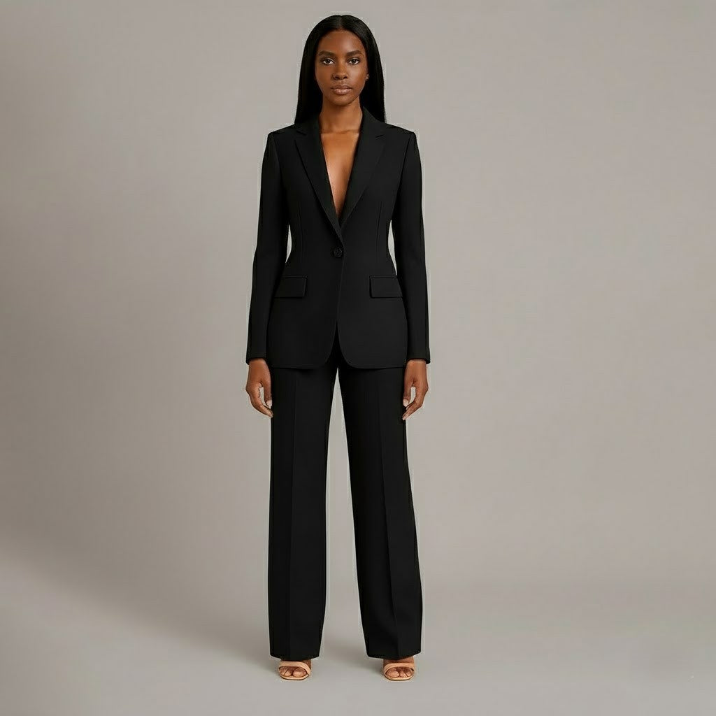 Women's tailored trouser suit set with longline blazer and wide-leg trousers